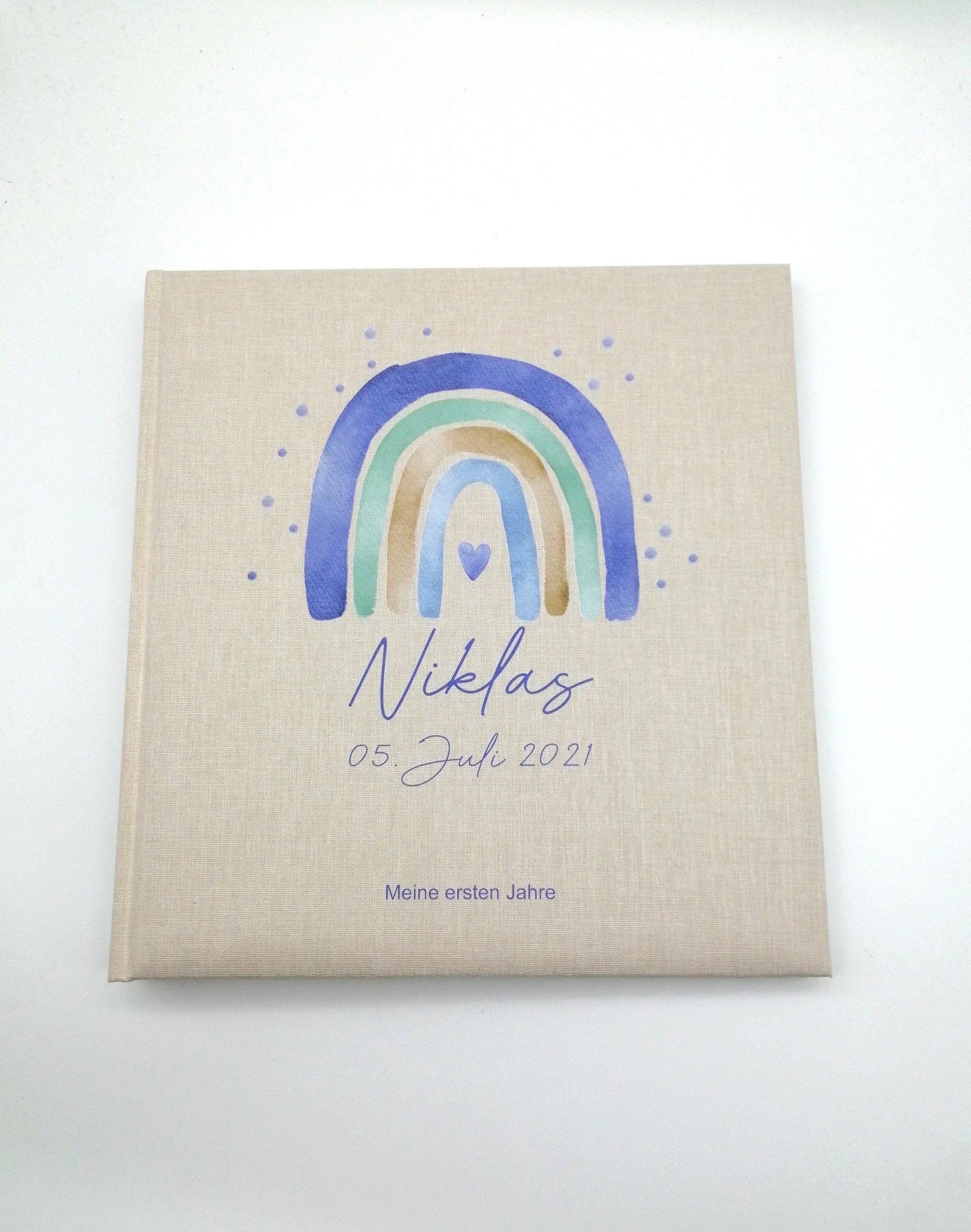 Fotoalbum personalisiert Baby, Kind "Regenbogen blau Dots" Leinen, Erinnerungsalbum