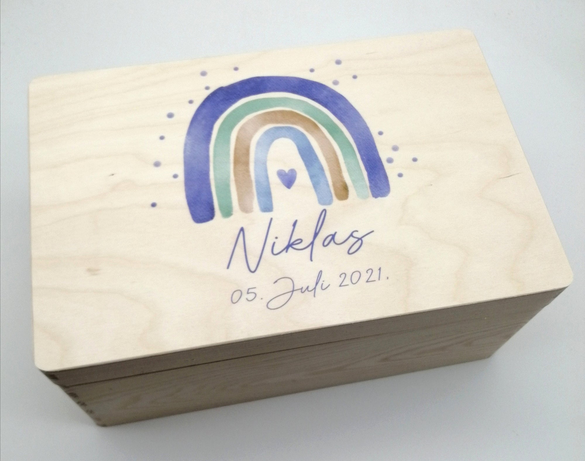 Erinnerungskiste Baby mit Namen "Regenbogen blau Dots" Geburtsdatum Erinnerungsbox für Kinder