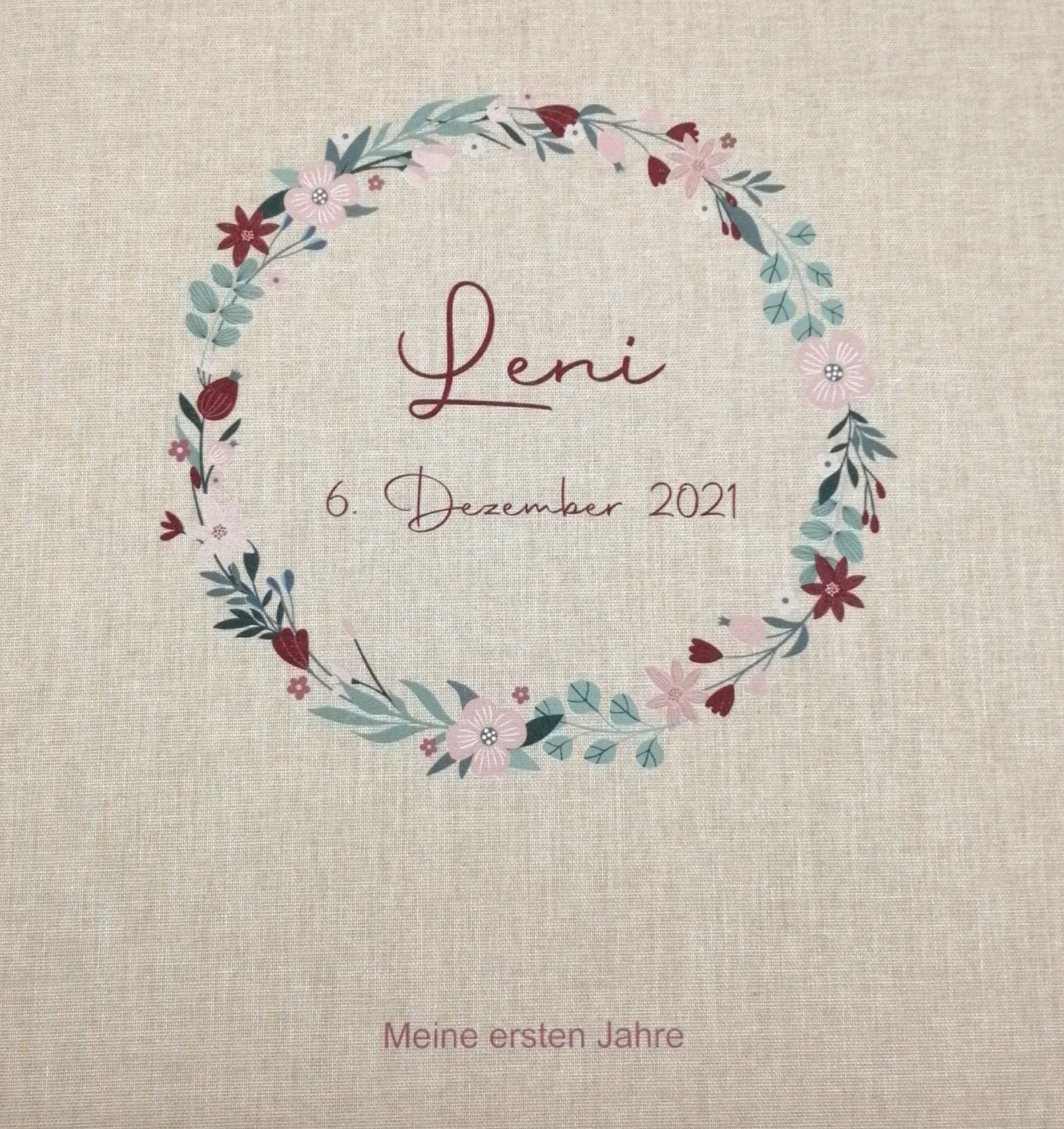 Fotoalbum personalisiert Baby, Kind "Blumenkranz 3" Leinen, Erinnerungsalbum