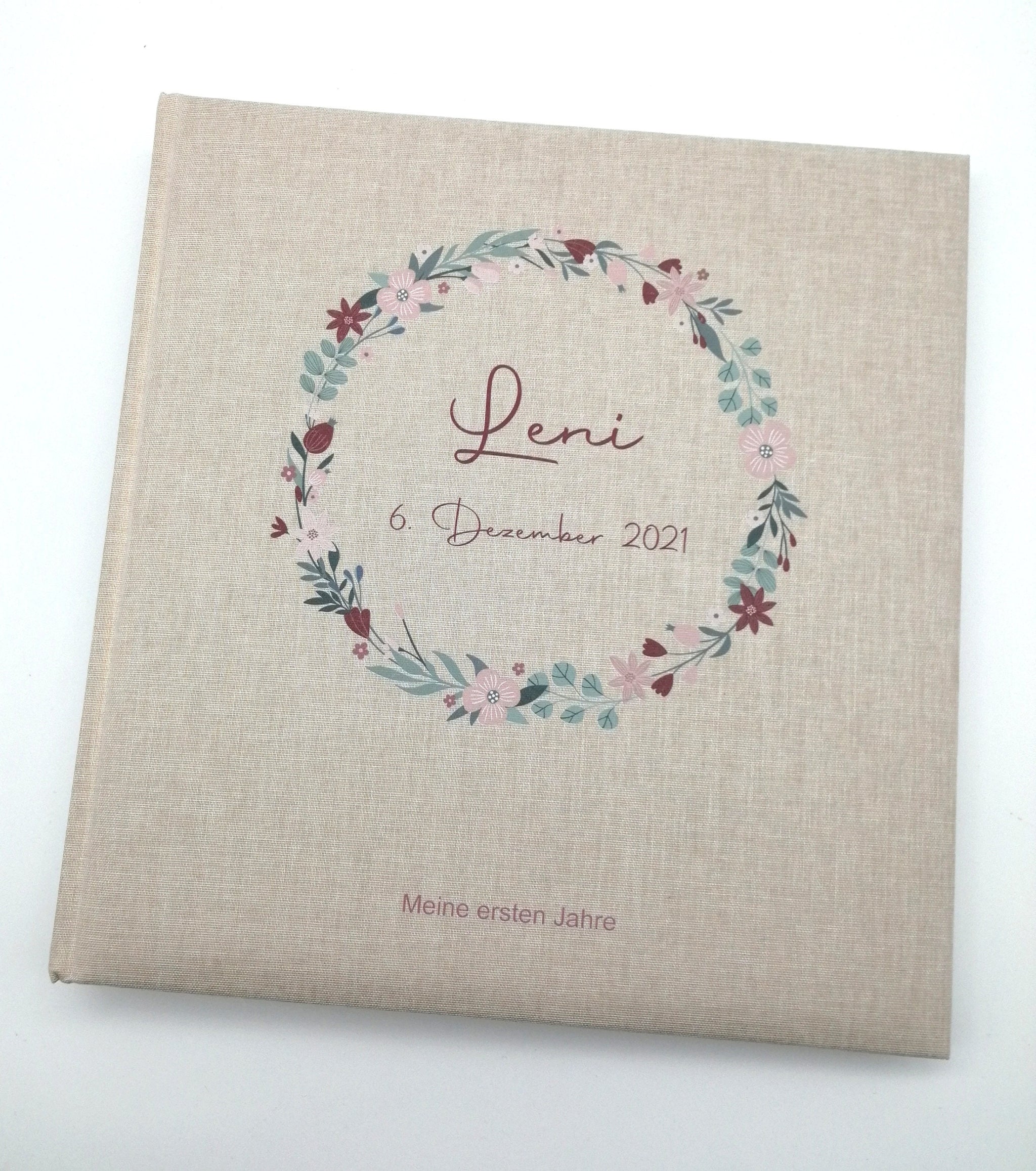Fotoalbum personalisiert Baby, Kind "Blumenkranz 3" Leinen, Erinnerungsalbum