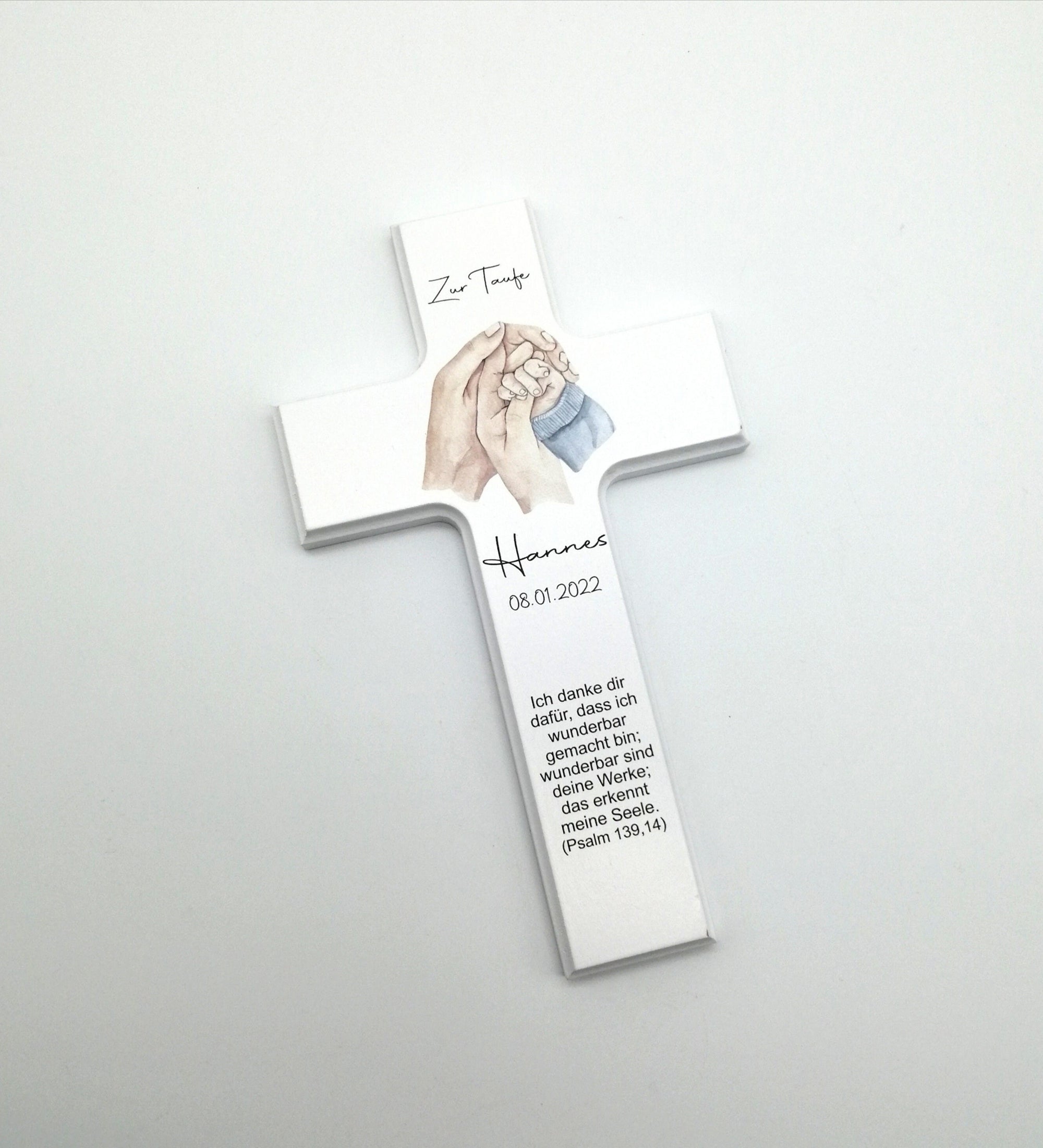 Taufkreuz / Kinderkreuz personalisiert "Hände blau" Wandkreuz aus Holz