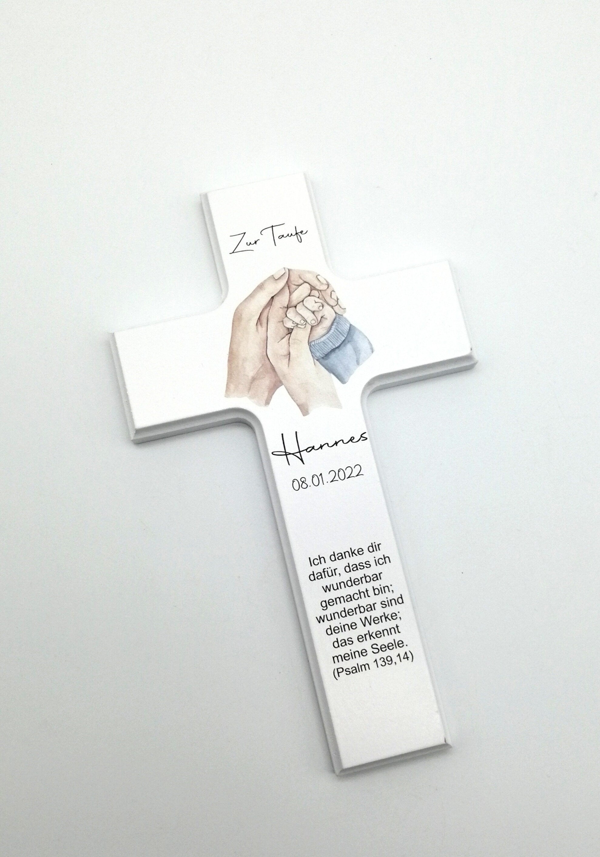 Taufkreuz / Kinderkreuz personalisiert "Hände blau" Wandkreuz aus Holz