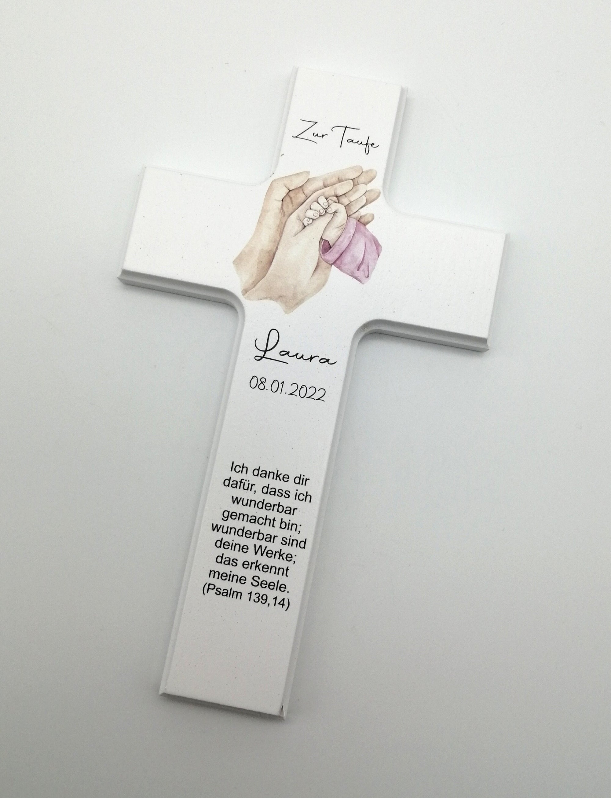 Taufkreuz / Kinderkreuz personalisiert "Hände rosa" Wandkreuz aus Holz