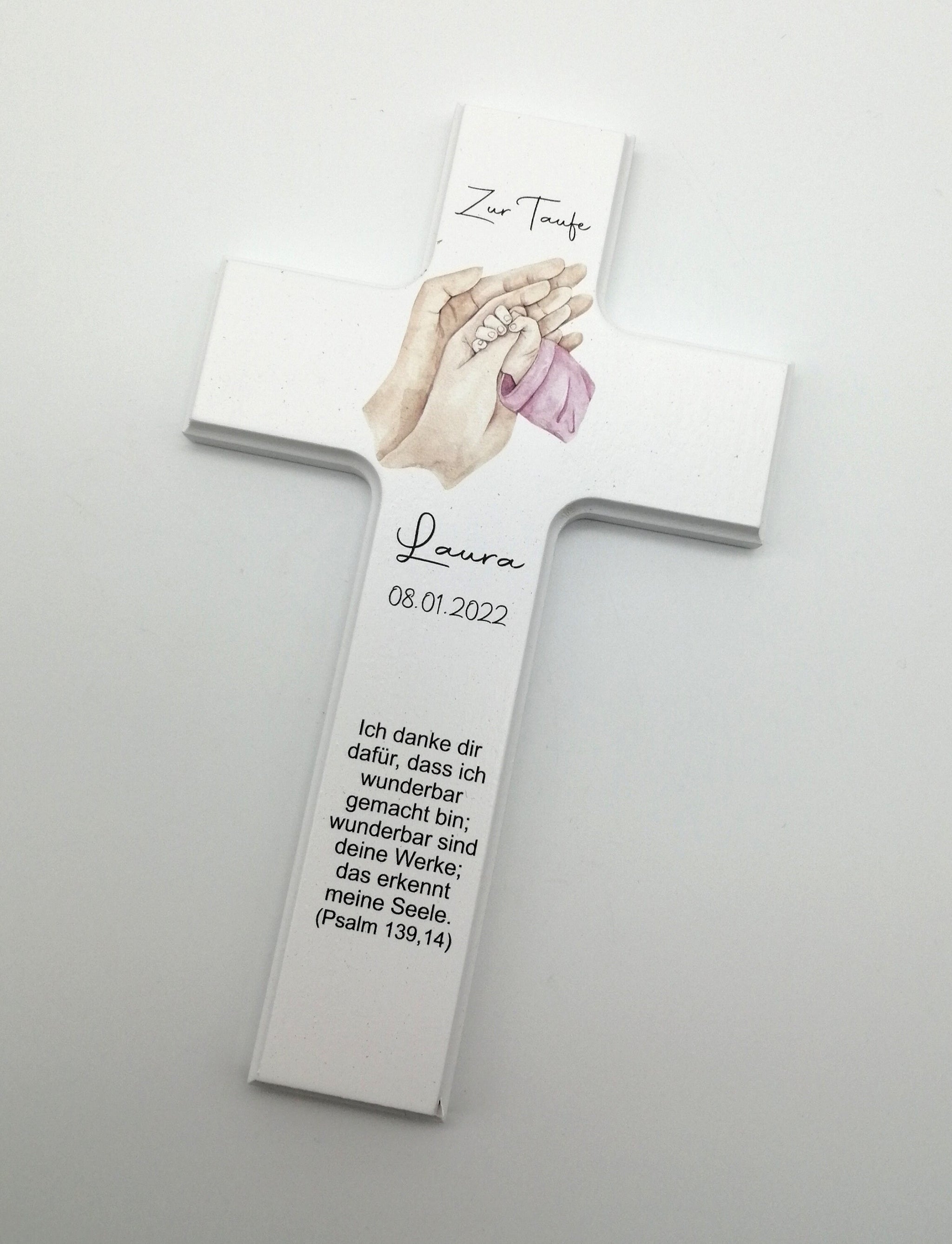 Taufkreuz / Kinderkreuz personalisiert "Hände rosa" Wandkreuz aus Holz