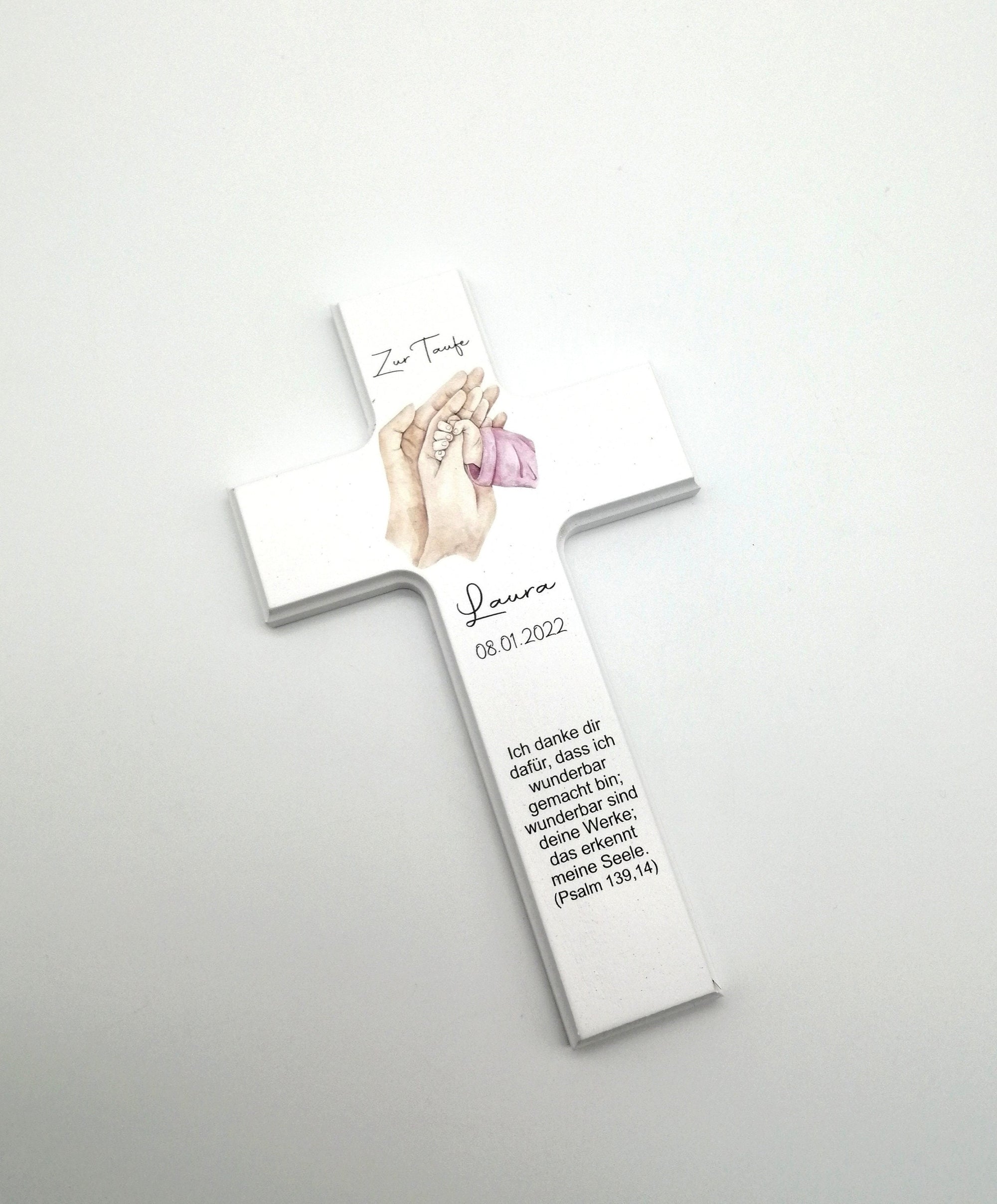 Taufkreuz / Kinderkreuz personalisiert "Hände rosa" Wandkreuz aus Holz
