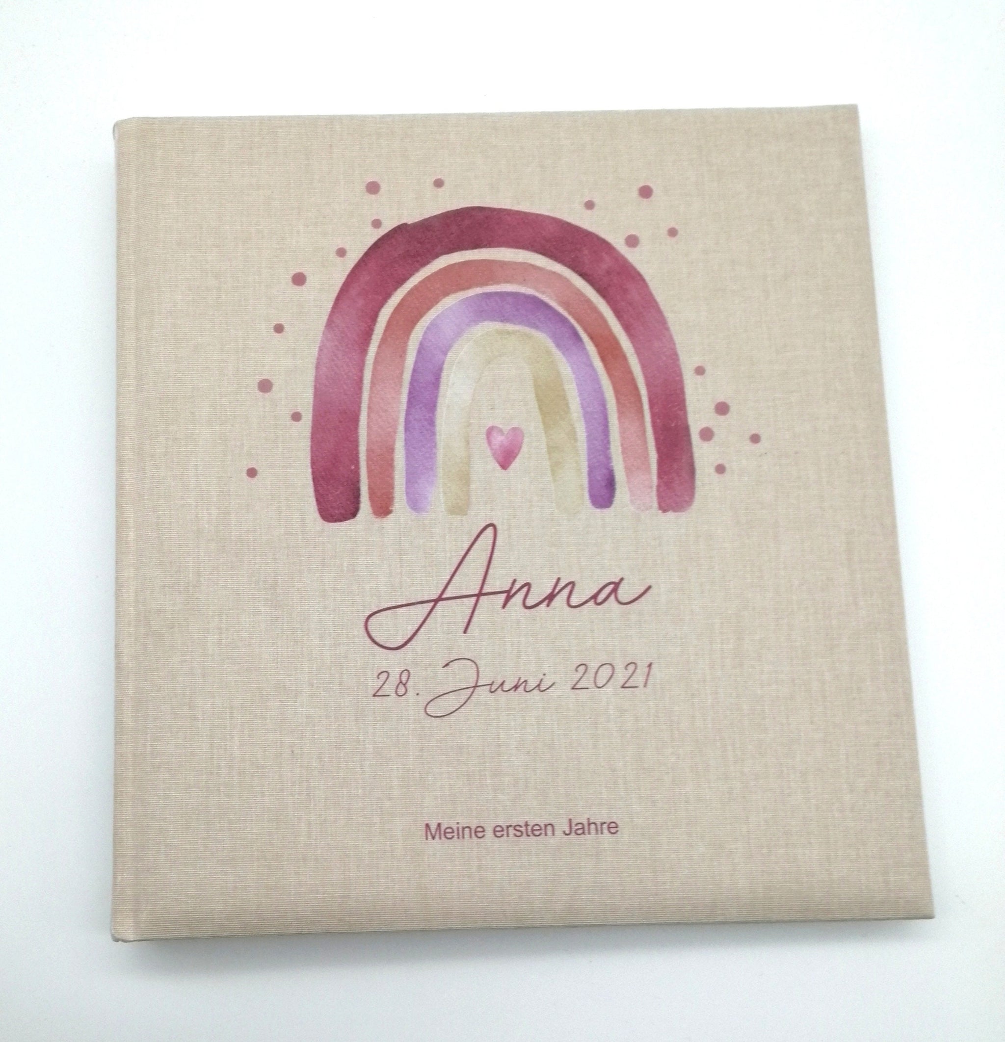 Fotoalbum personalisiert Baby, Kind "Regenbogen rot Dots" Leinen, Erinnerungsalbum