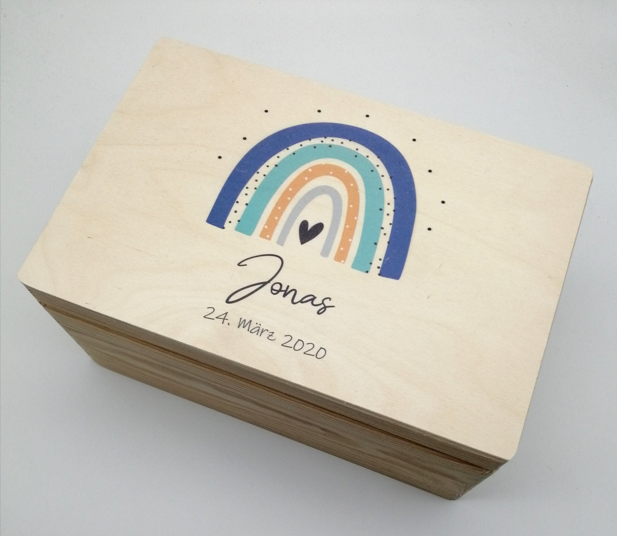 Erinnerungskiste Baby mit Namen "Regenbogen blau mint" Geburtsdatum Erinnerungsbox für Kinder