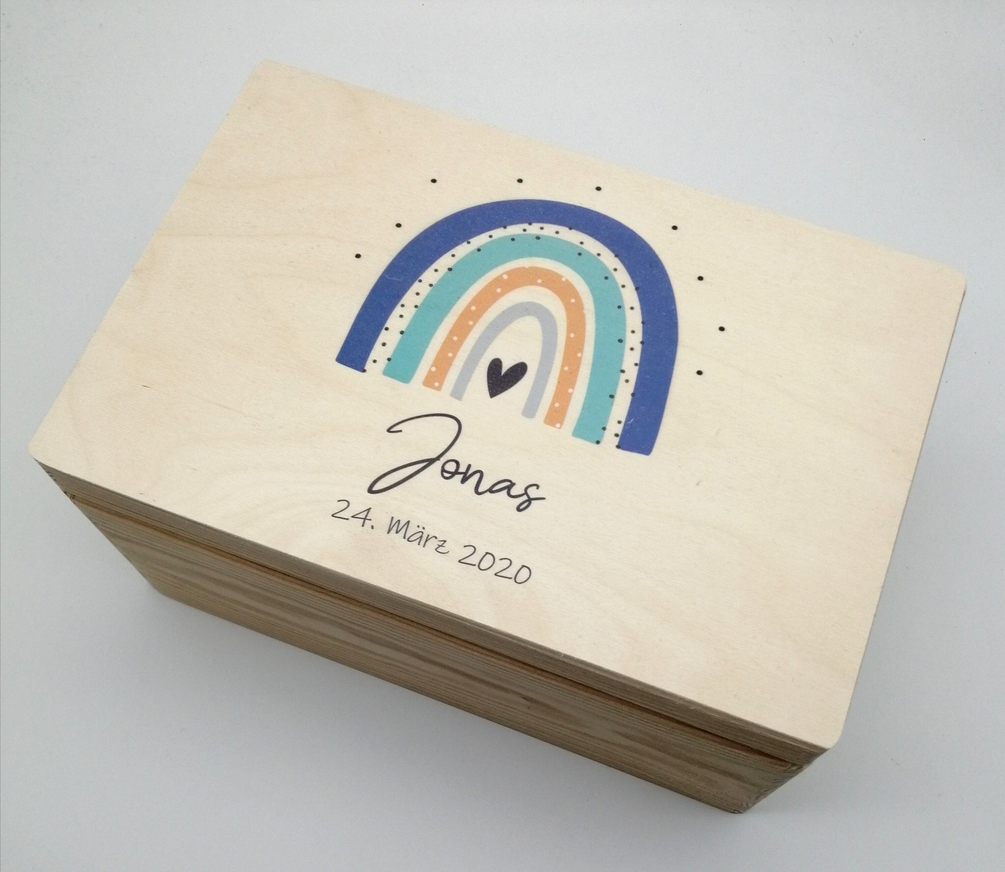Erinnerungskiste Baby mit Namen "Regenbogen blau mint" Geburtsdatum Erinnerungsbox für Kinder