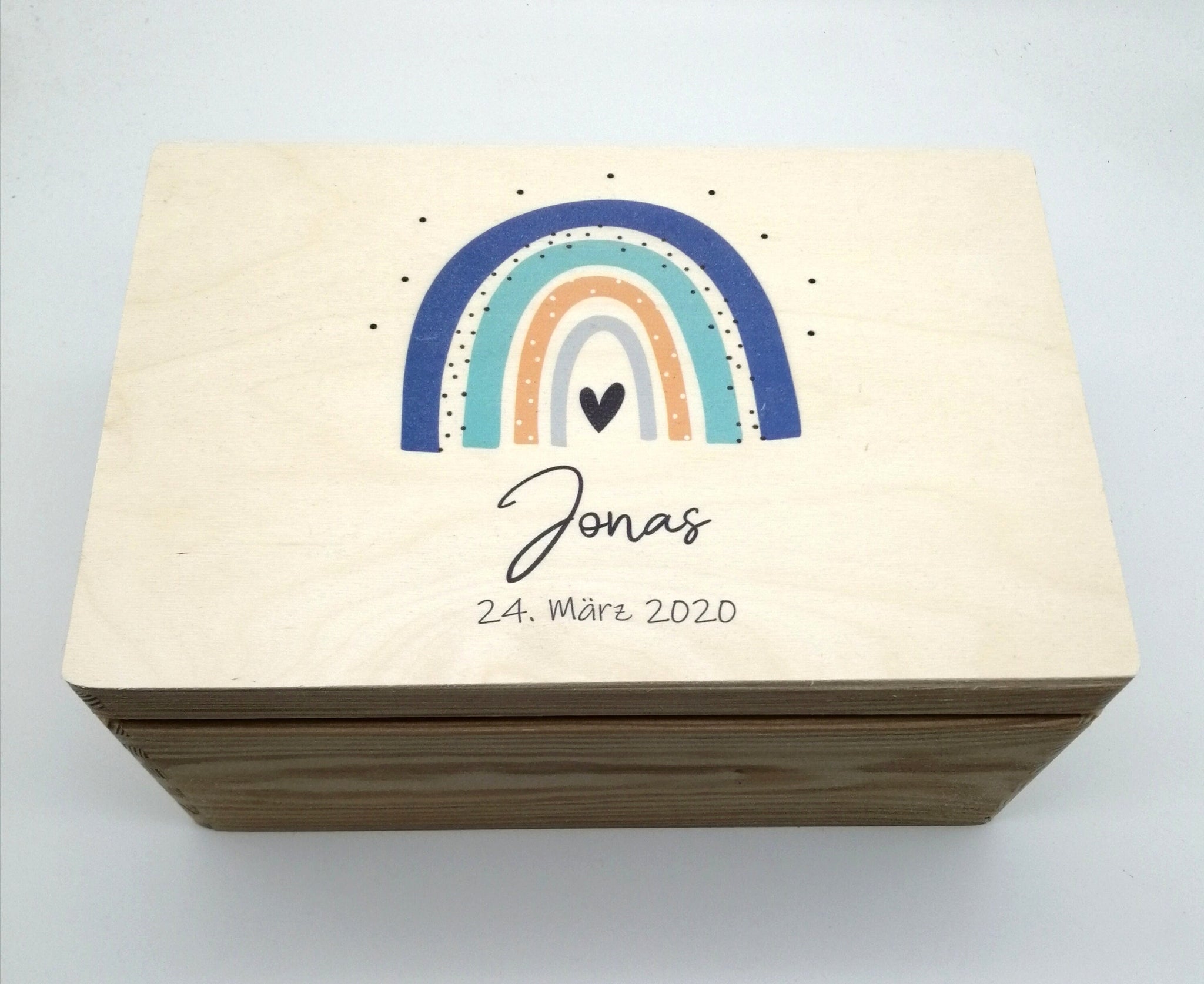 Erinnerungskiste Baby mit Namen "Regenbogen blau mint" Geburtsdatum Erinnerungsbox für Kinder