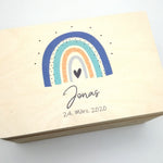 Erinnerungskiste Baby mit Namen "Regenbogen blau mint" Geburtsdatum Erinnerungsbox für Kinder