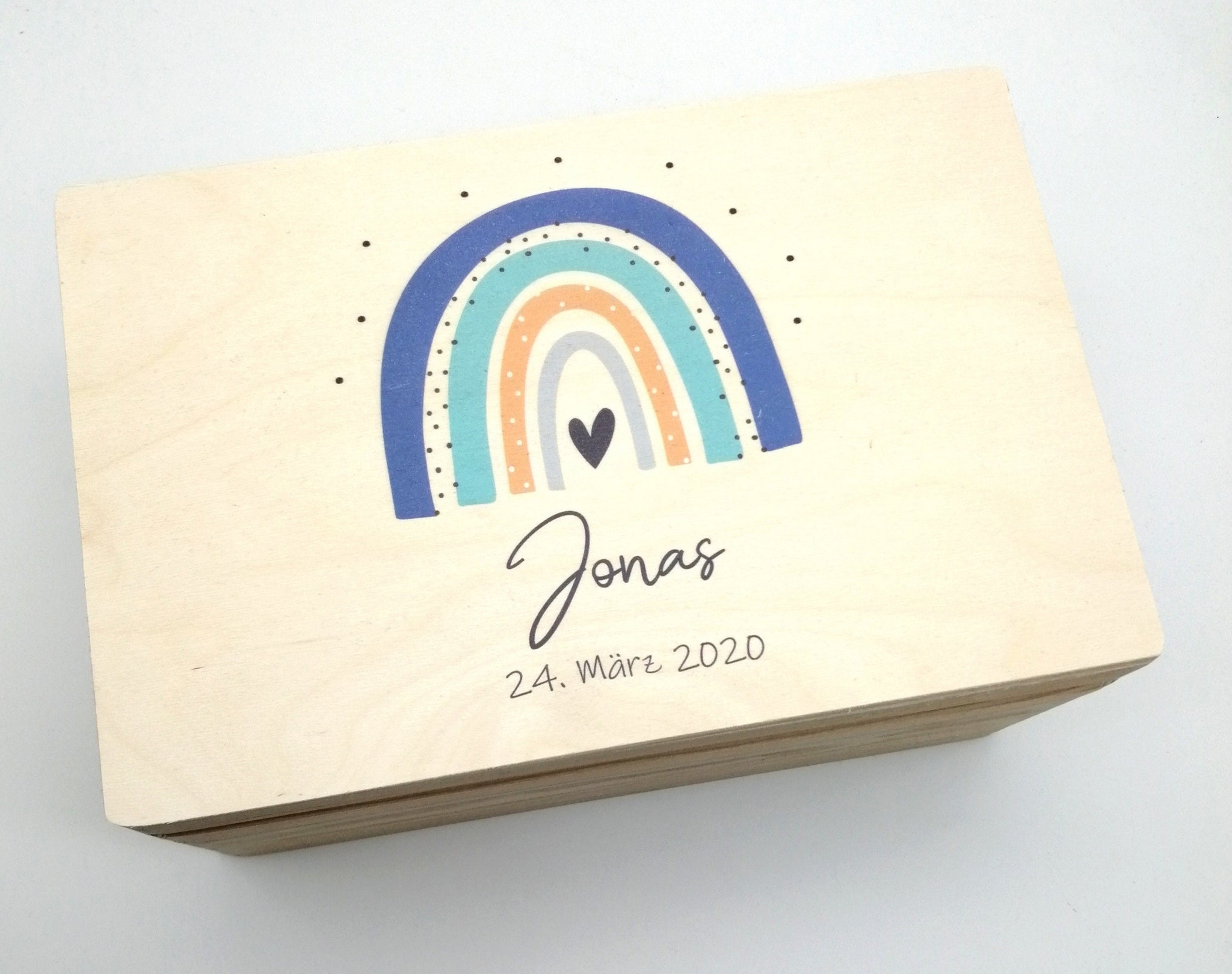 Erinnerungskiste Baby mit Namen "Regenbogen blau mint" Geburtsdatum Erinnerungsbox für Kinder