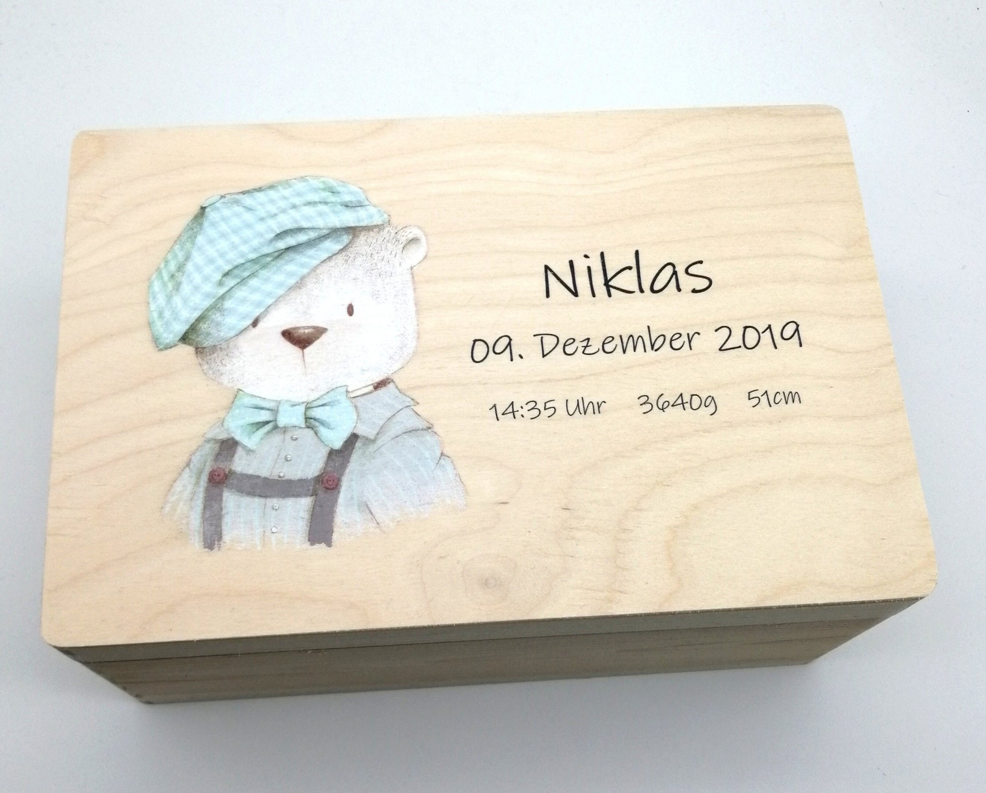 Erinnerungskiste Baby mit Namen "Mini Bär" Geburtsdatum Erinnerungsbox für Kinder