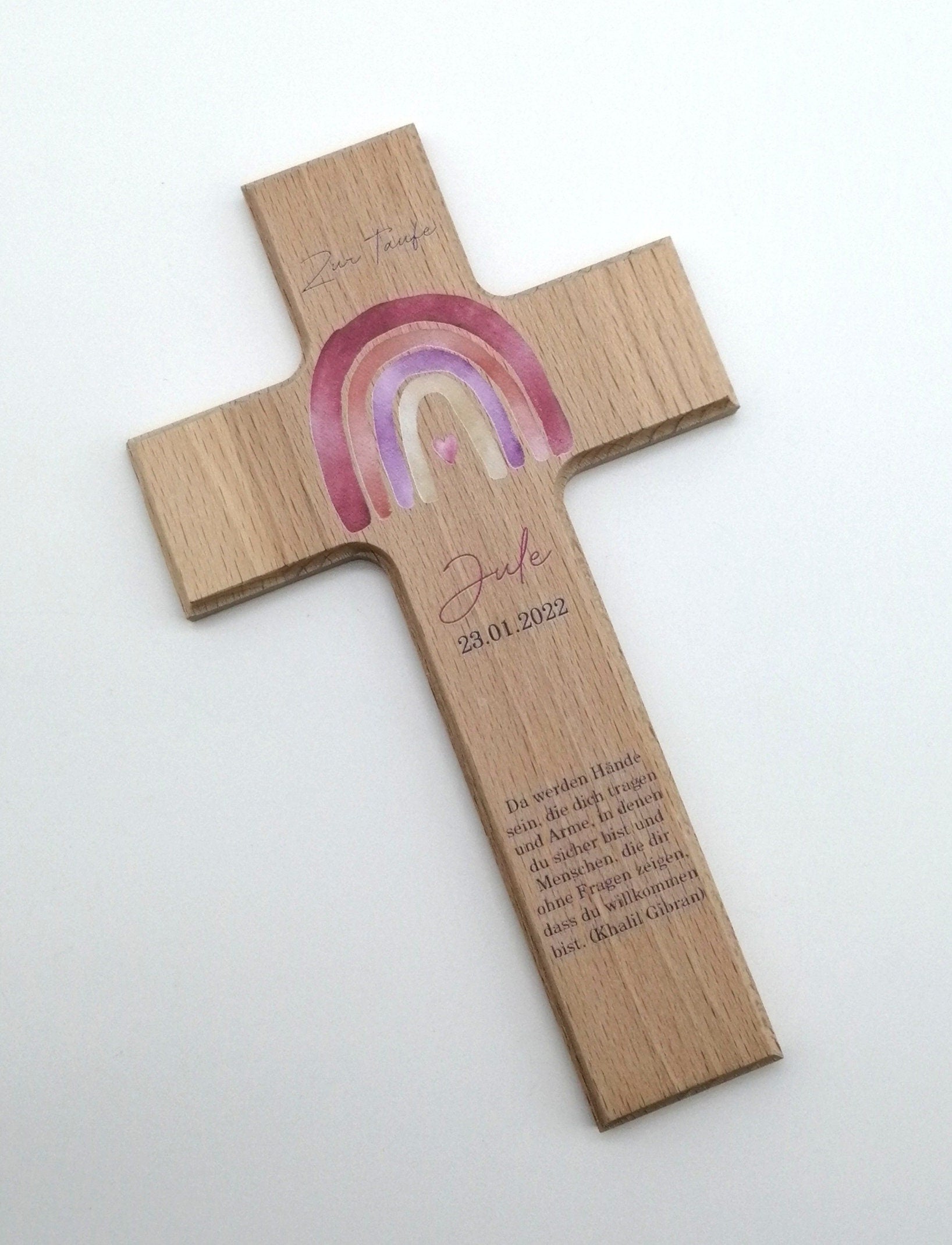 Taufkreuz / Kinderkreuz personalisiert "Regenbogen watercolor rot" Wandkreuz aus Holz