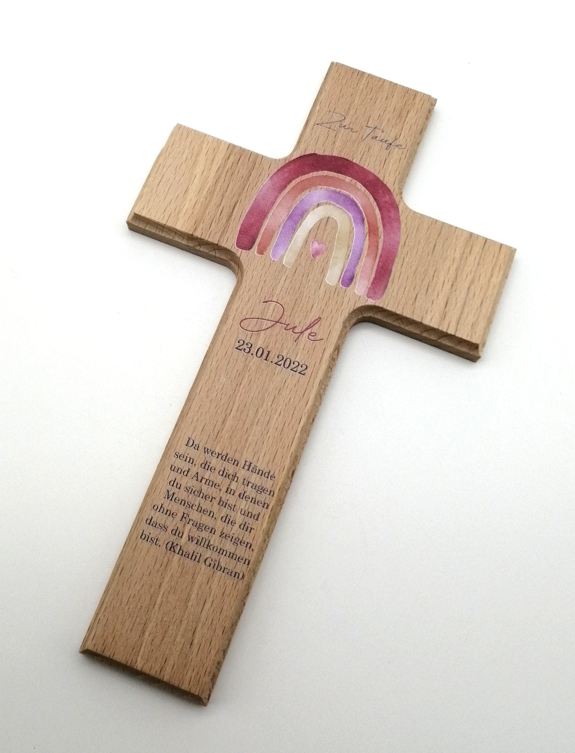Taufkreuz / Kinderkreuz personalisiert "Regenbogen watercolor rot" Wandkreuz aus Holz
