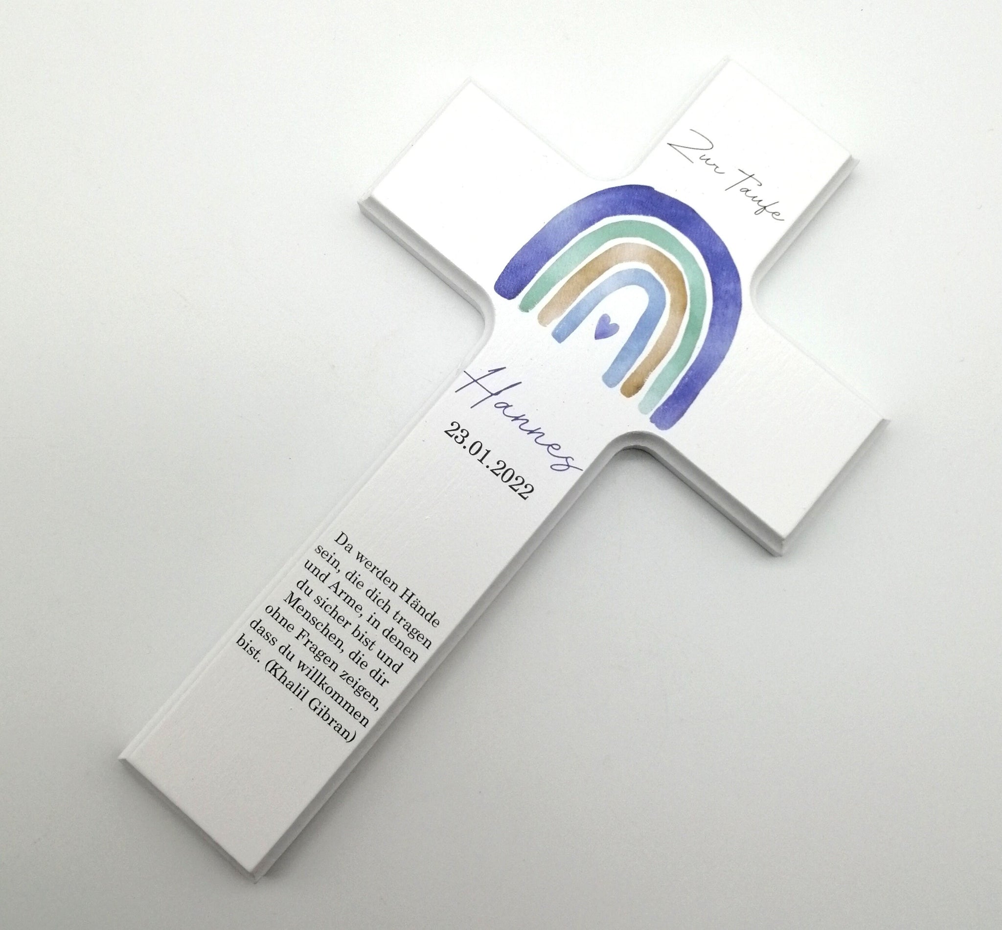 Taufkreuz / Kinderkreuz personalisiert "Regenbogen watercolor blau" Wandkreuz aus Holz