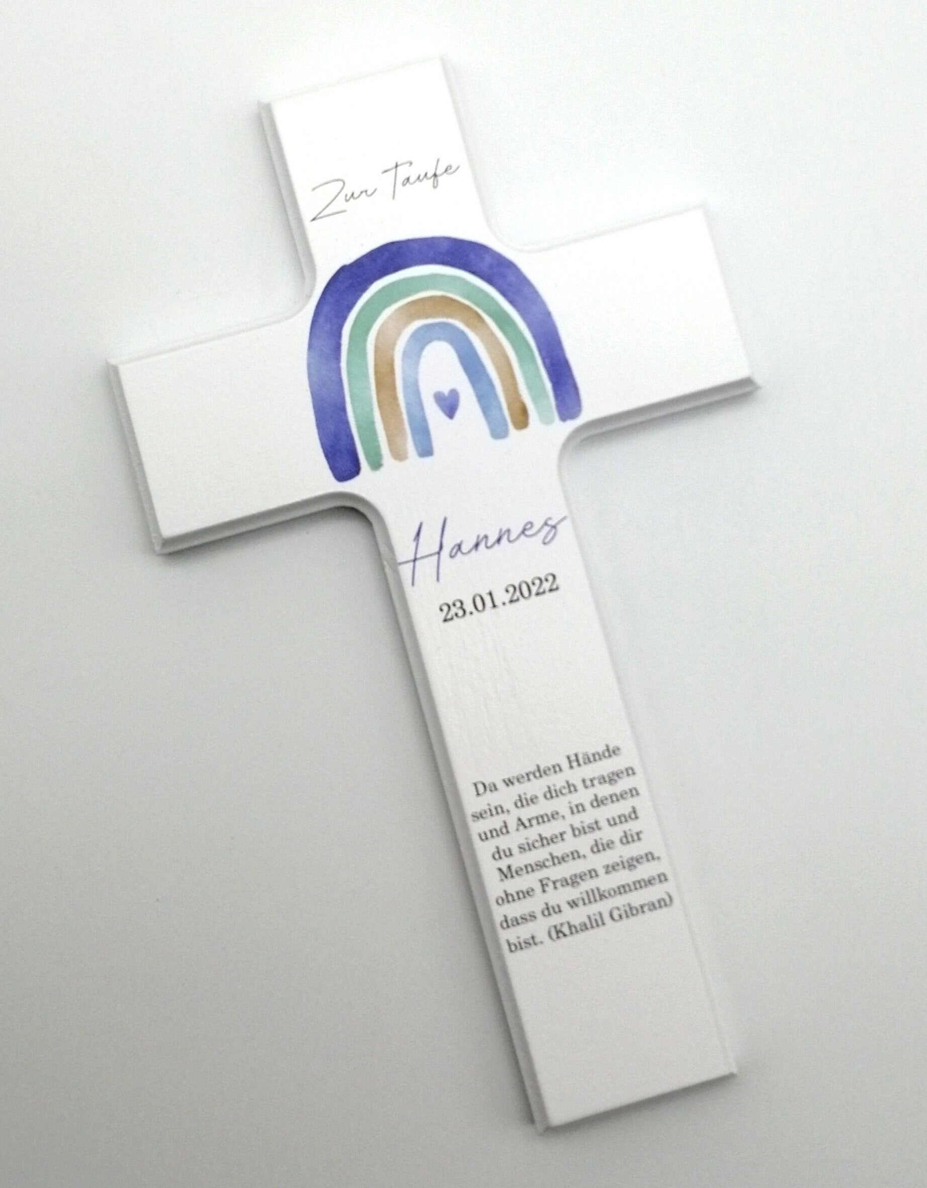 Taufkreuz / Kinderkreuz personalisiert "Regenbogen watercolor blau" Wandkreuz aus Holz