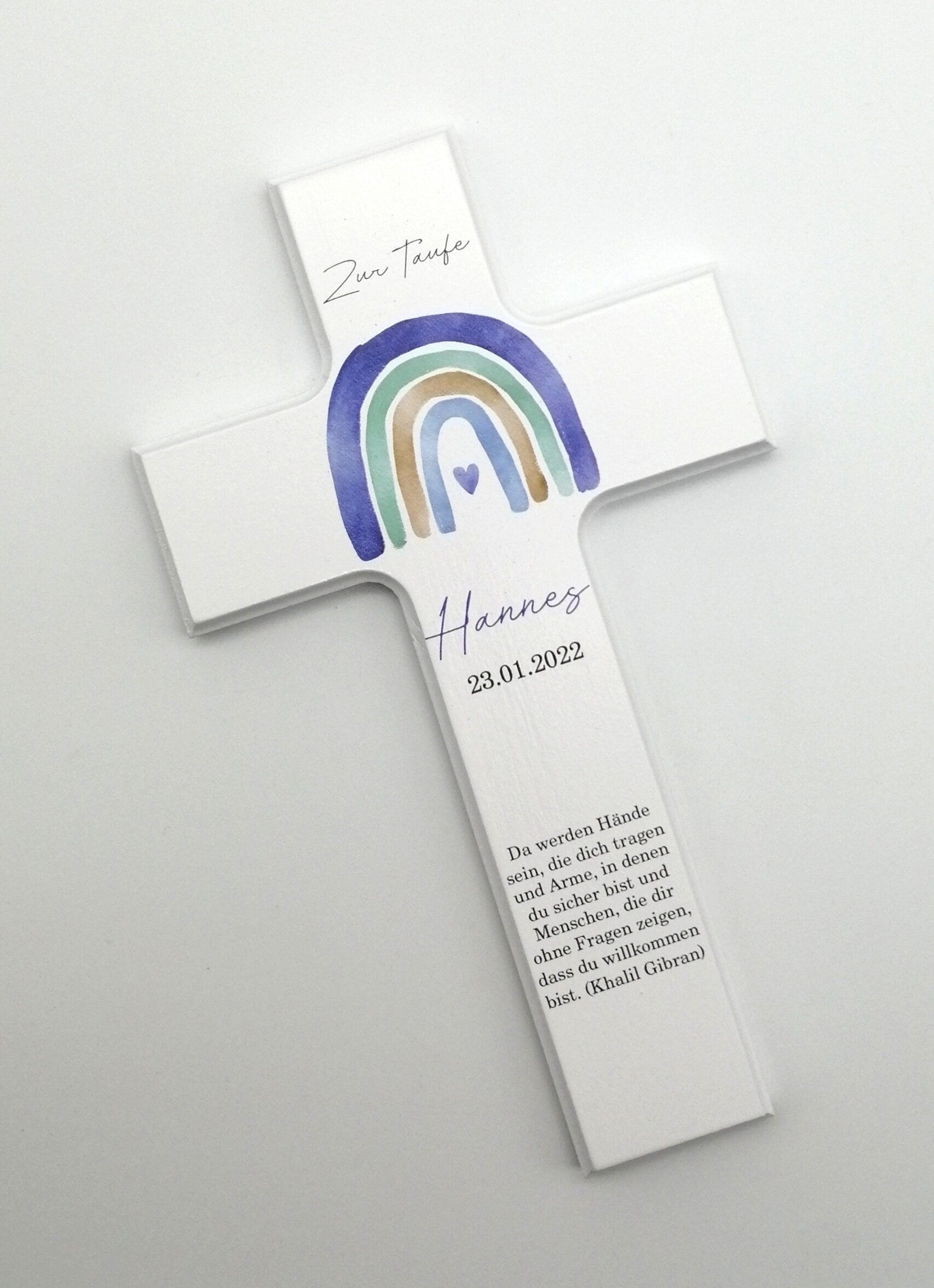 Taufkreuz / Kinderkreuz personalisiert "Regenbogen watercolor blau" Wandkreuz aus Holz