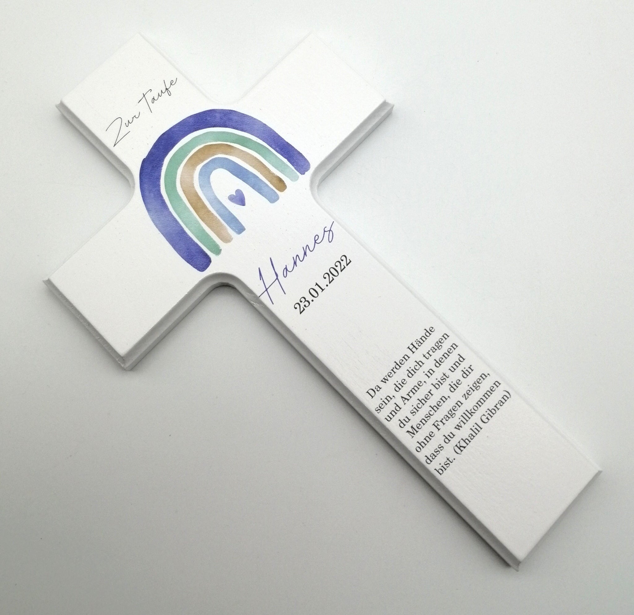 Taufkreuz / Kinderkreuz personalisiert "Regenbogen watercolor blau" Wandkreuz aus Holz