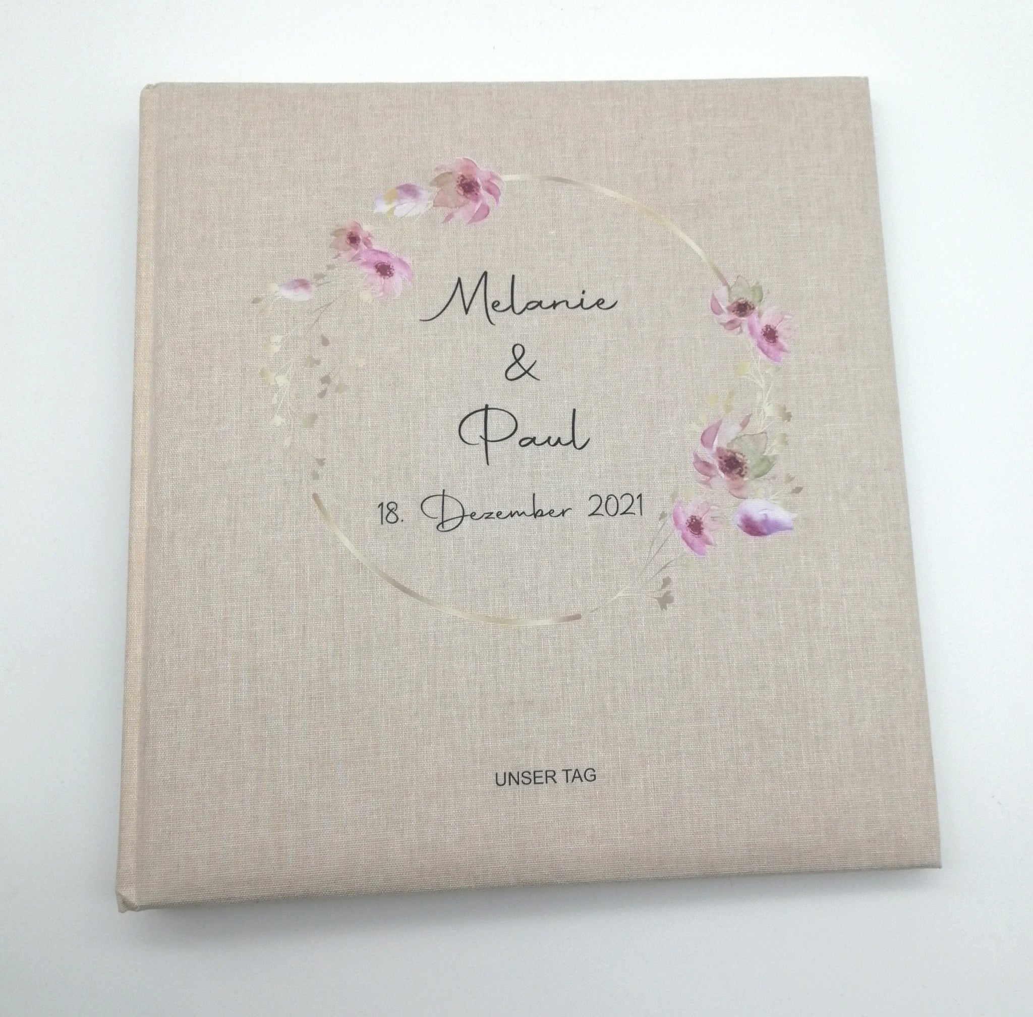 Fotoalbum personalisiert Hochzeit "Rahmen Blume" Leinen, Erinnerungsalbum