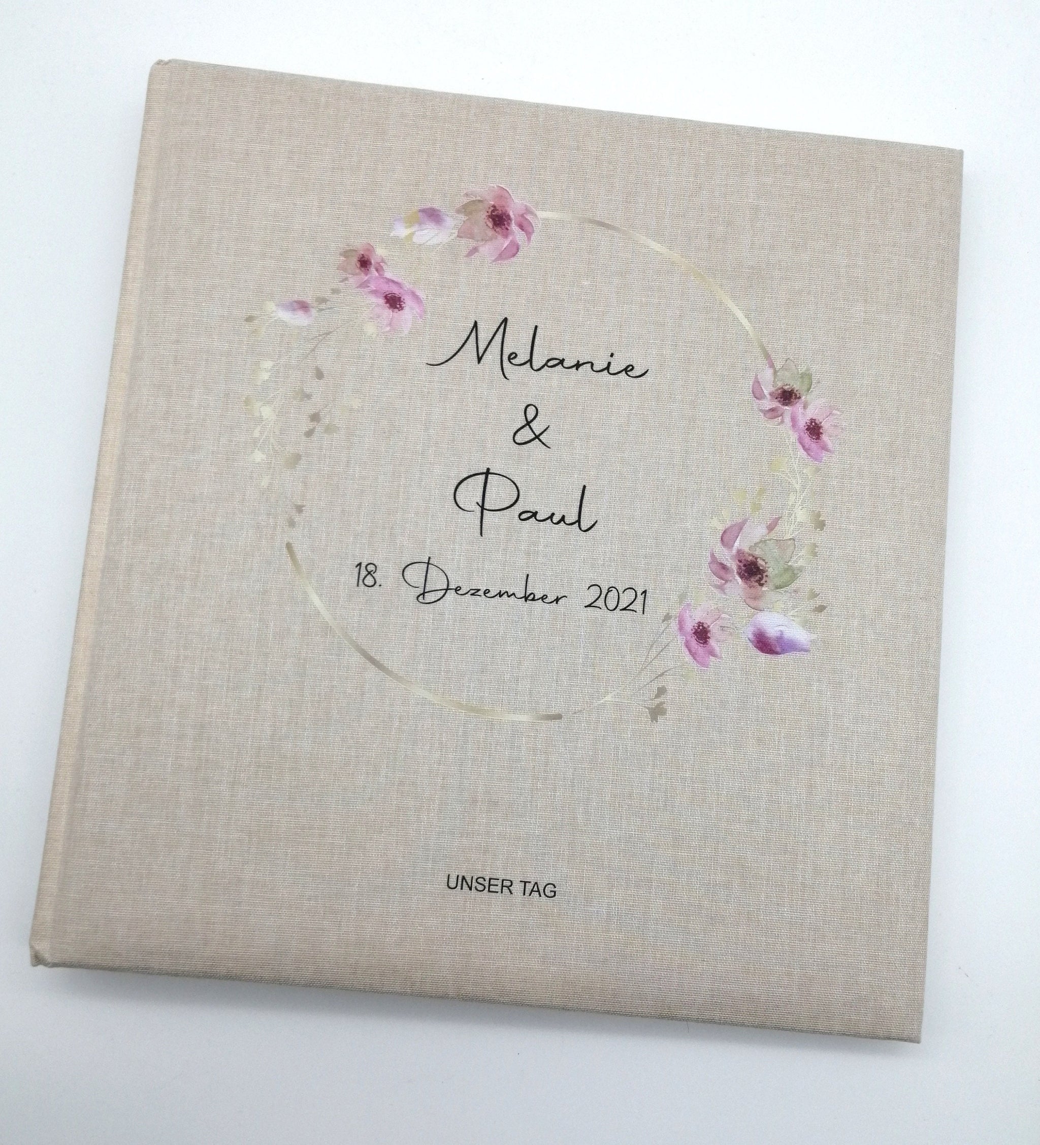 Fotoalbum personalisiert Hochzeit "Rahmen Blume" Leinen, Erinnerungsalbum