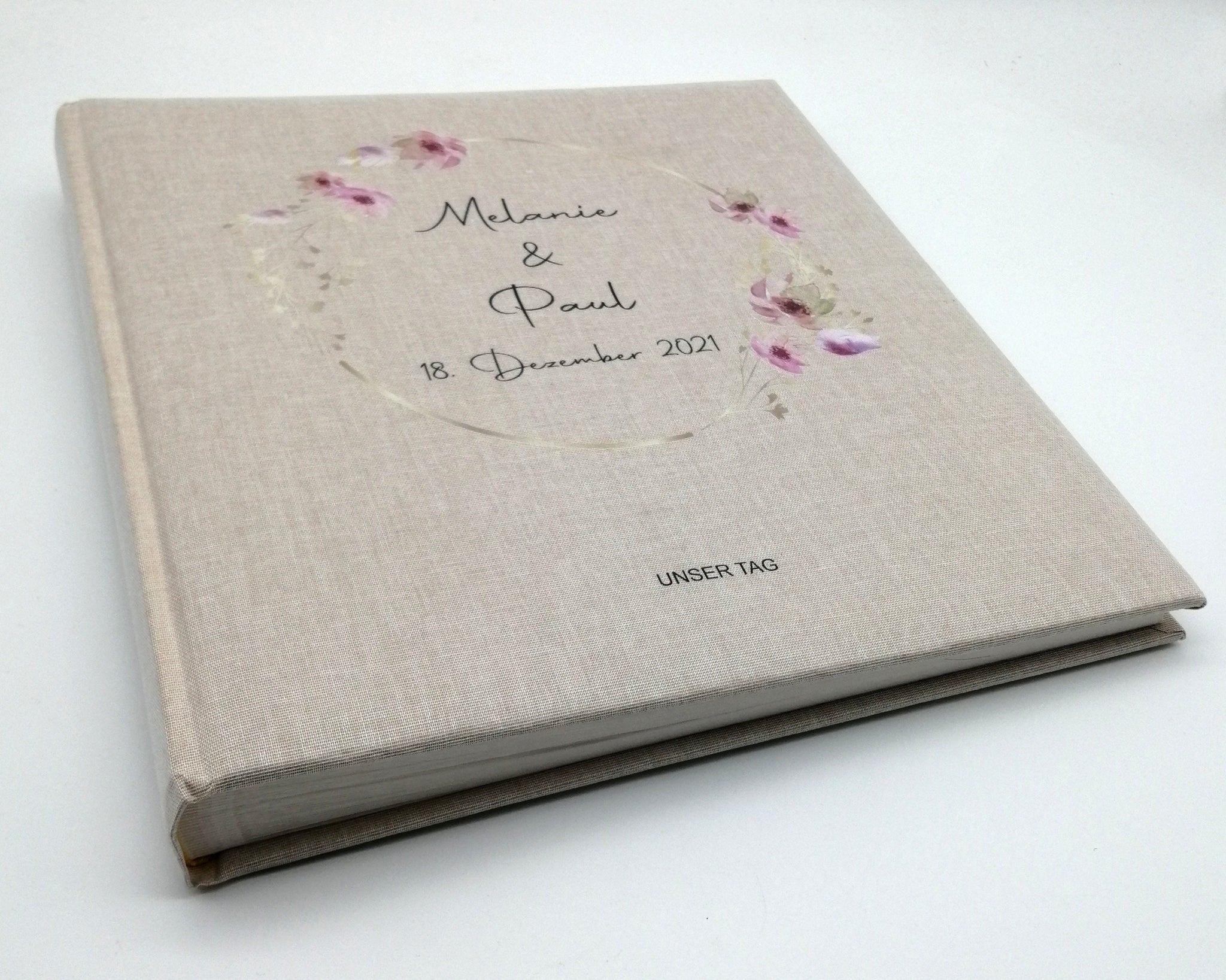 Fotoalbum personalisiert Hochzeit "Rahmen Blume" Leinen, Erinnerungsalbum