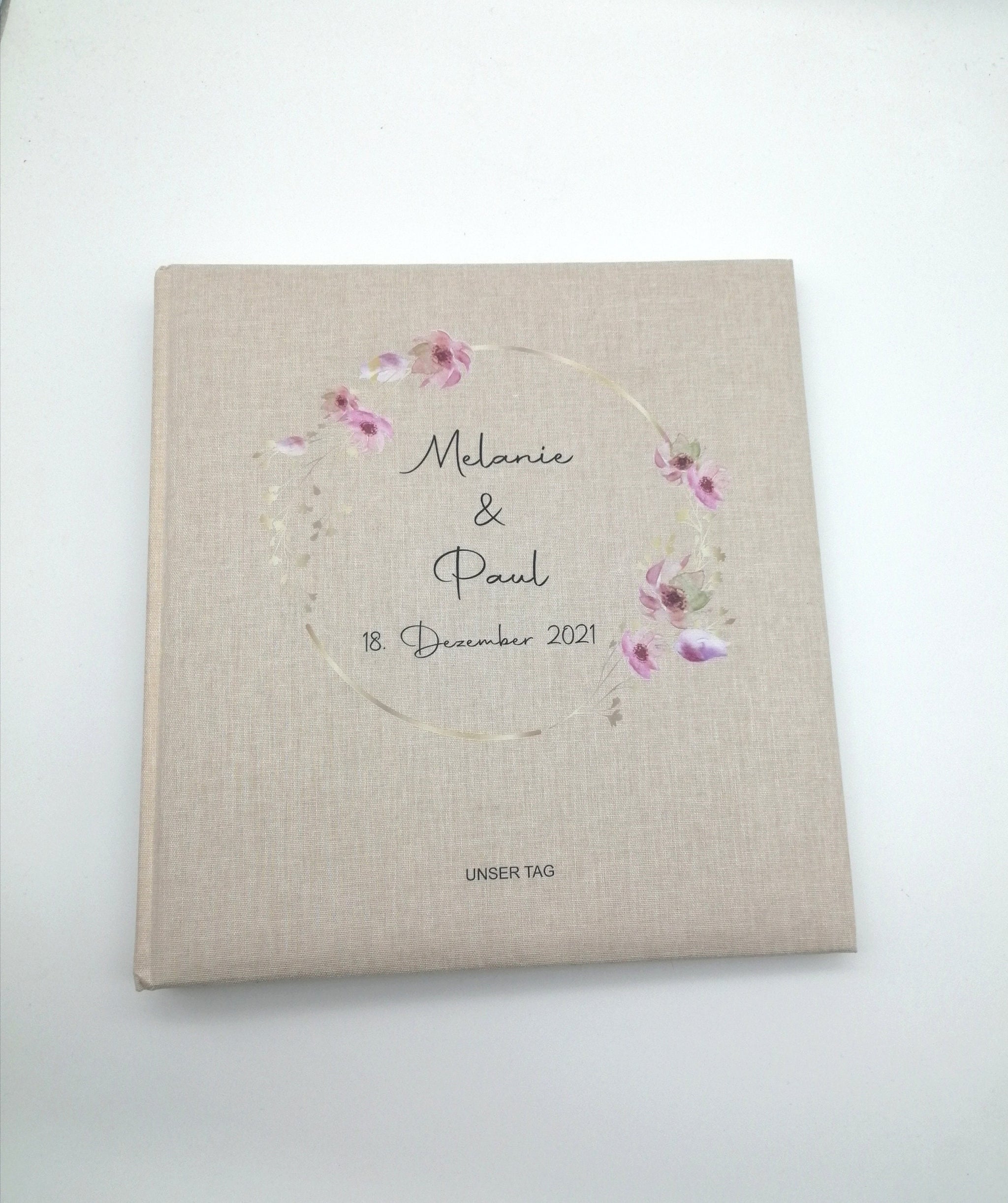 Fotoalbum personalisiert Hochzeit "Rahmen Blume" Leinen, Erinnerungsalbum