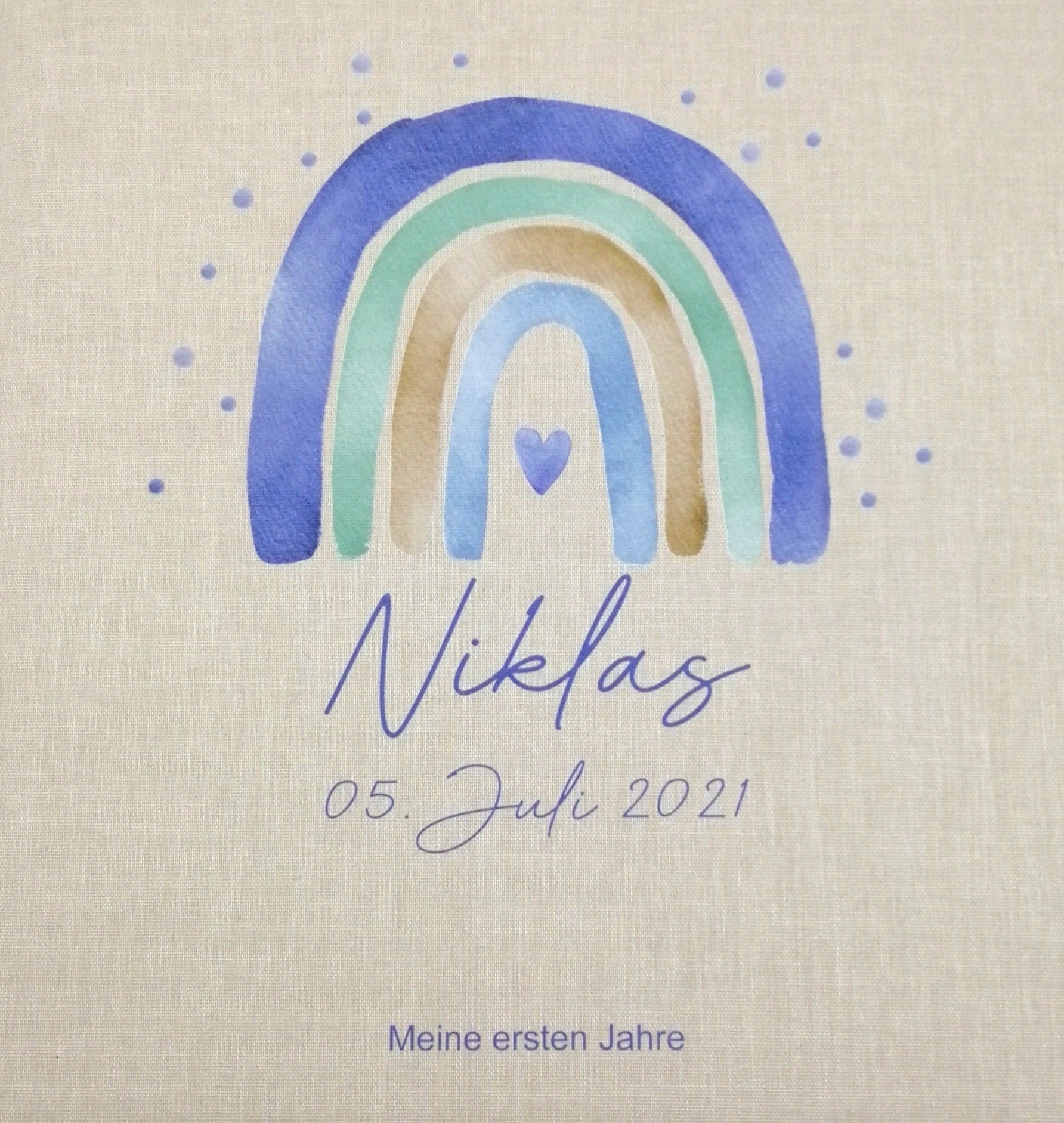 Fotoalbum personalisiert Baby, Kind "Regenbogen blau Dots" Leinen, Erinnerungsalbum