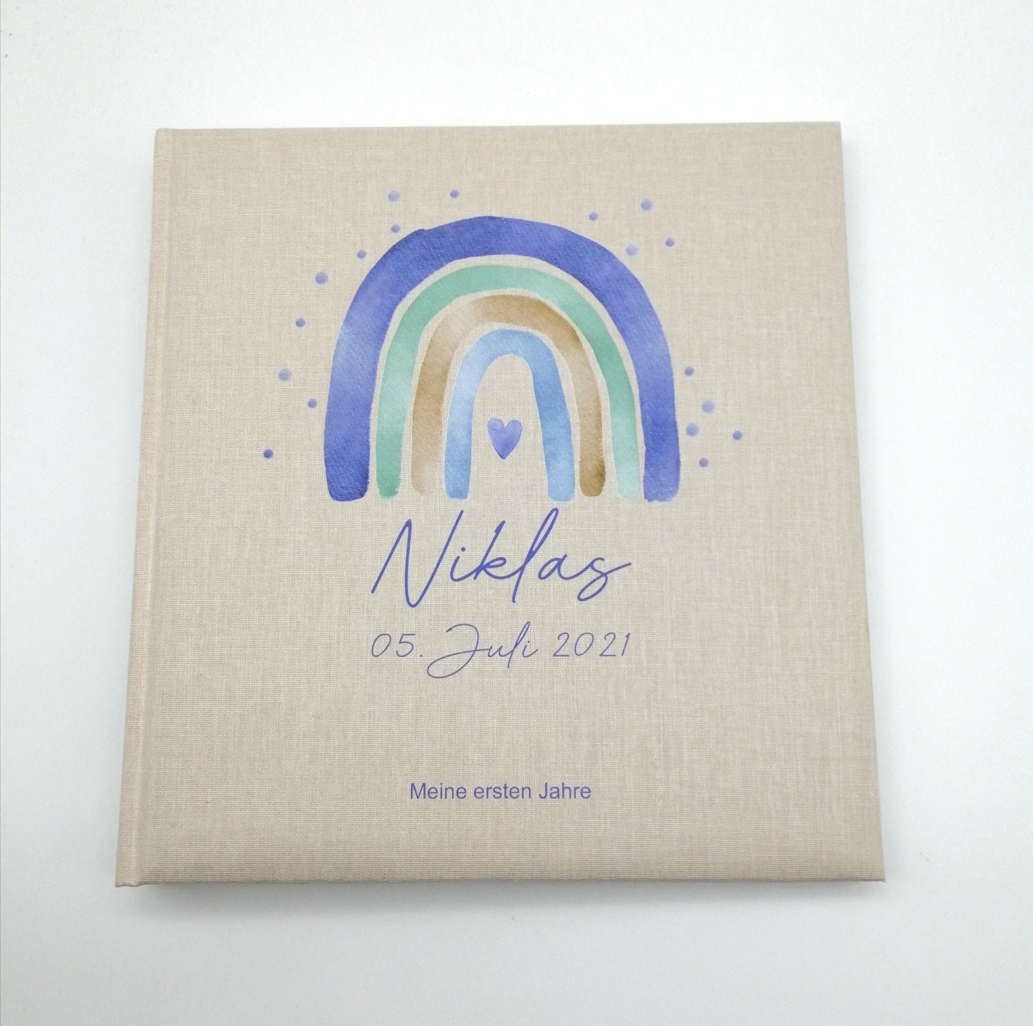 Fotoalbum personalisiert Baby, Kind "Regenbogen blau Dots" Leinen, Erinnerungsalbum