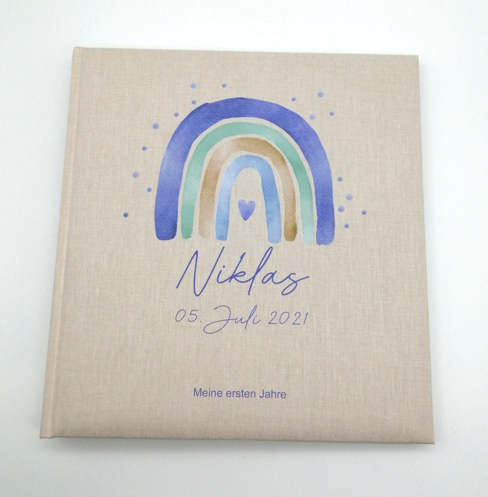Fotoalbum personalisiert Baby, Kind "Regenbogen blau Dots" Leinen, Erinnerungsalbum