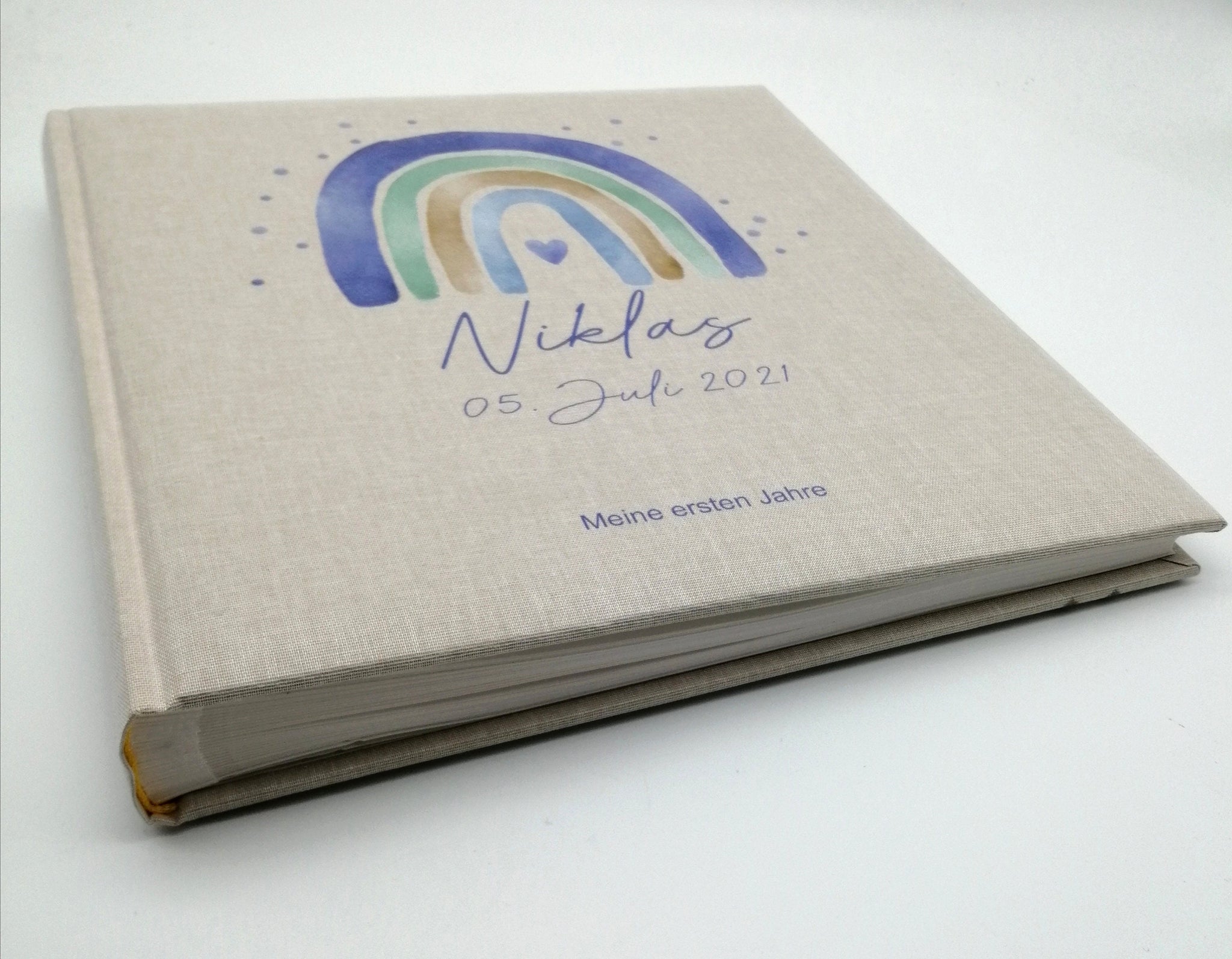 Fotoalbum personalisiert Baby, Kind "Regenbogen blau Dots" Leinen, Erinnerungsalbum