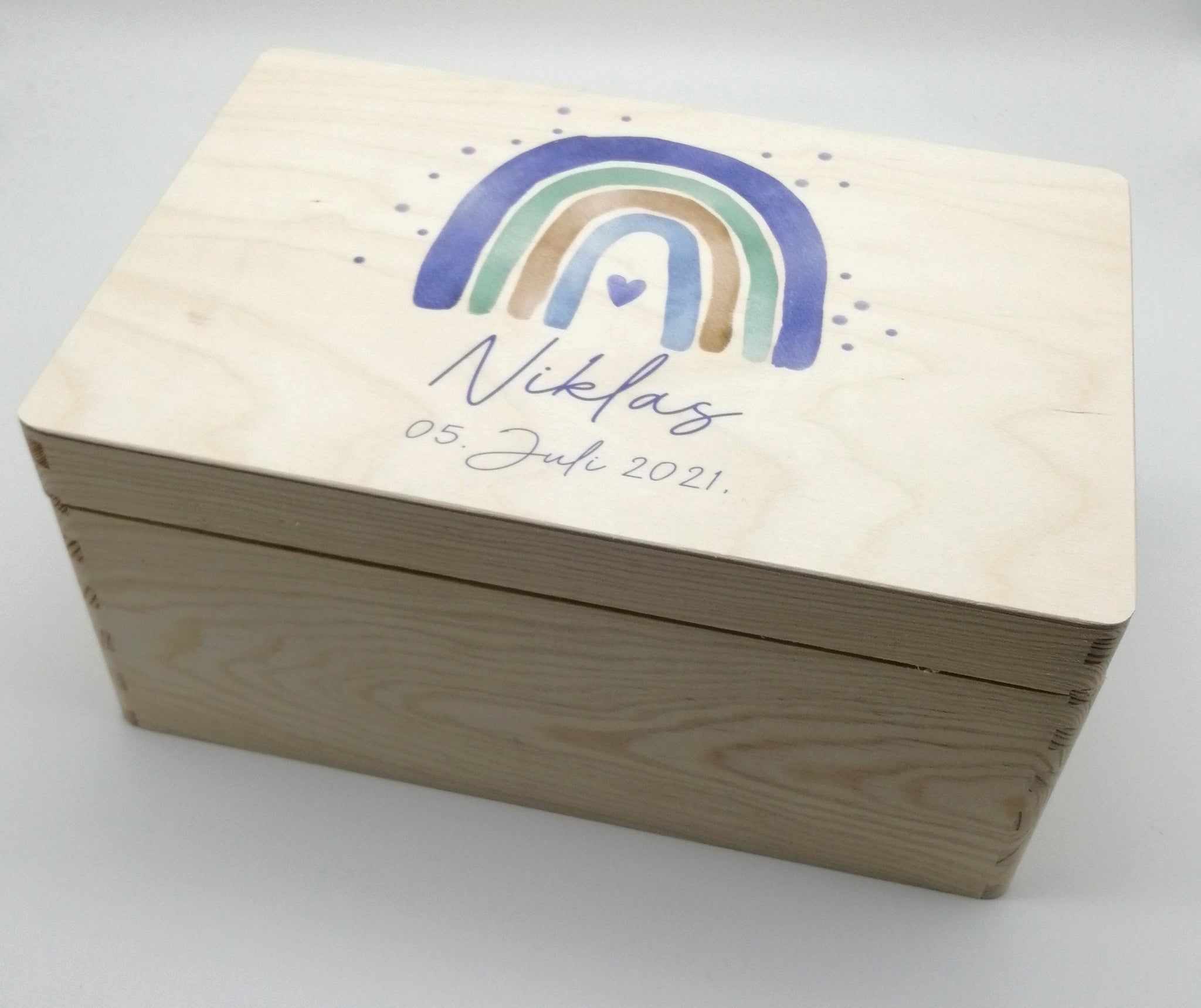 Erinnerungskiste Baby mit Namen "Regenbogen blau Dots" Geburtsdatum Erinnerungsbox für Kinder