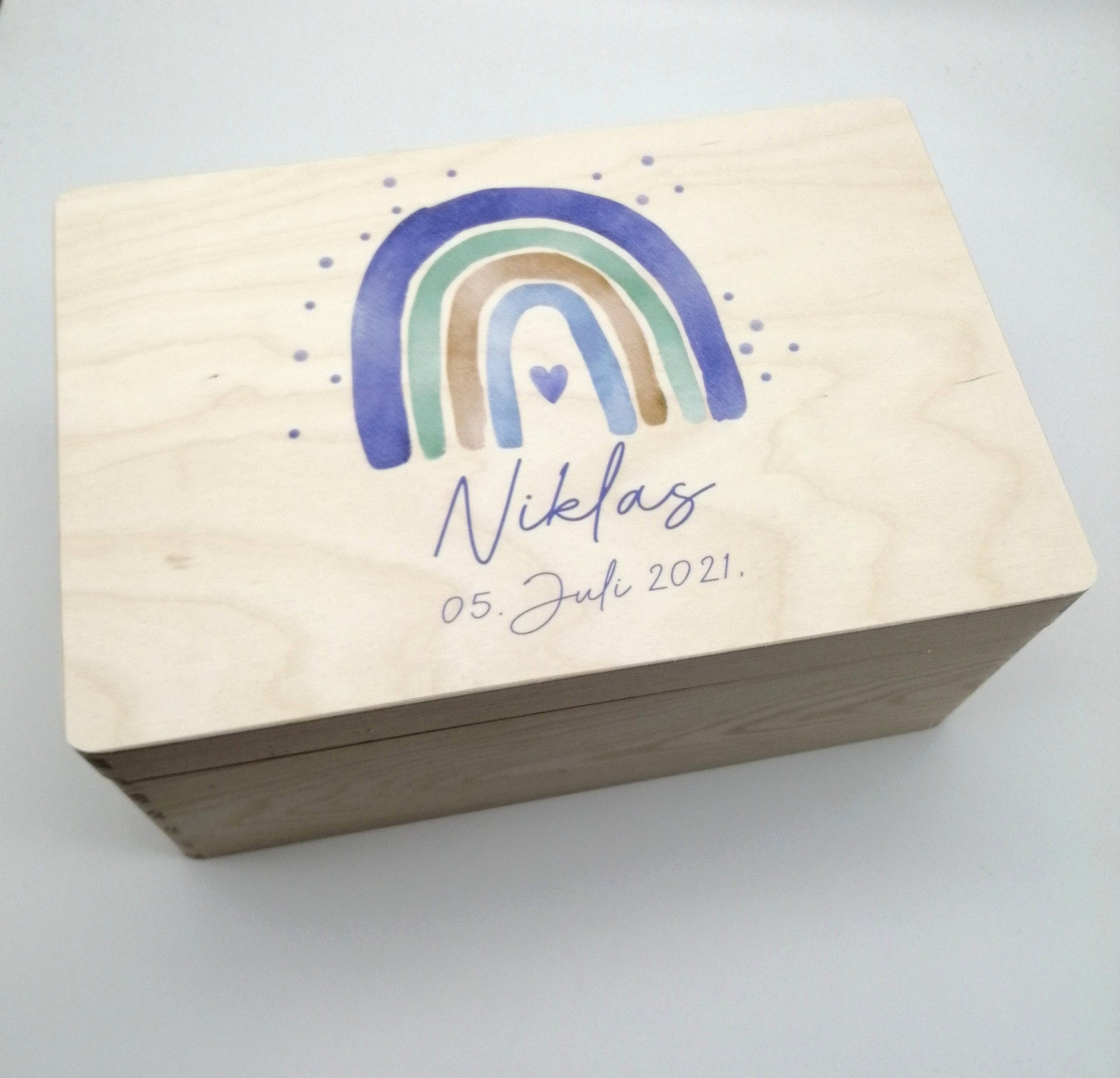 Erinnerungskiste Baby mit Namen "Regenbogen blau Dots" Geburtsdatum Erinnerungsbox für Kinder