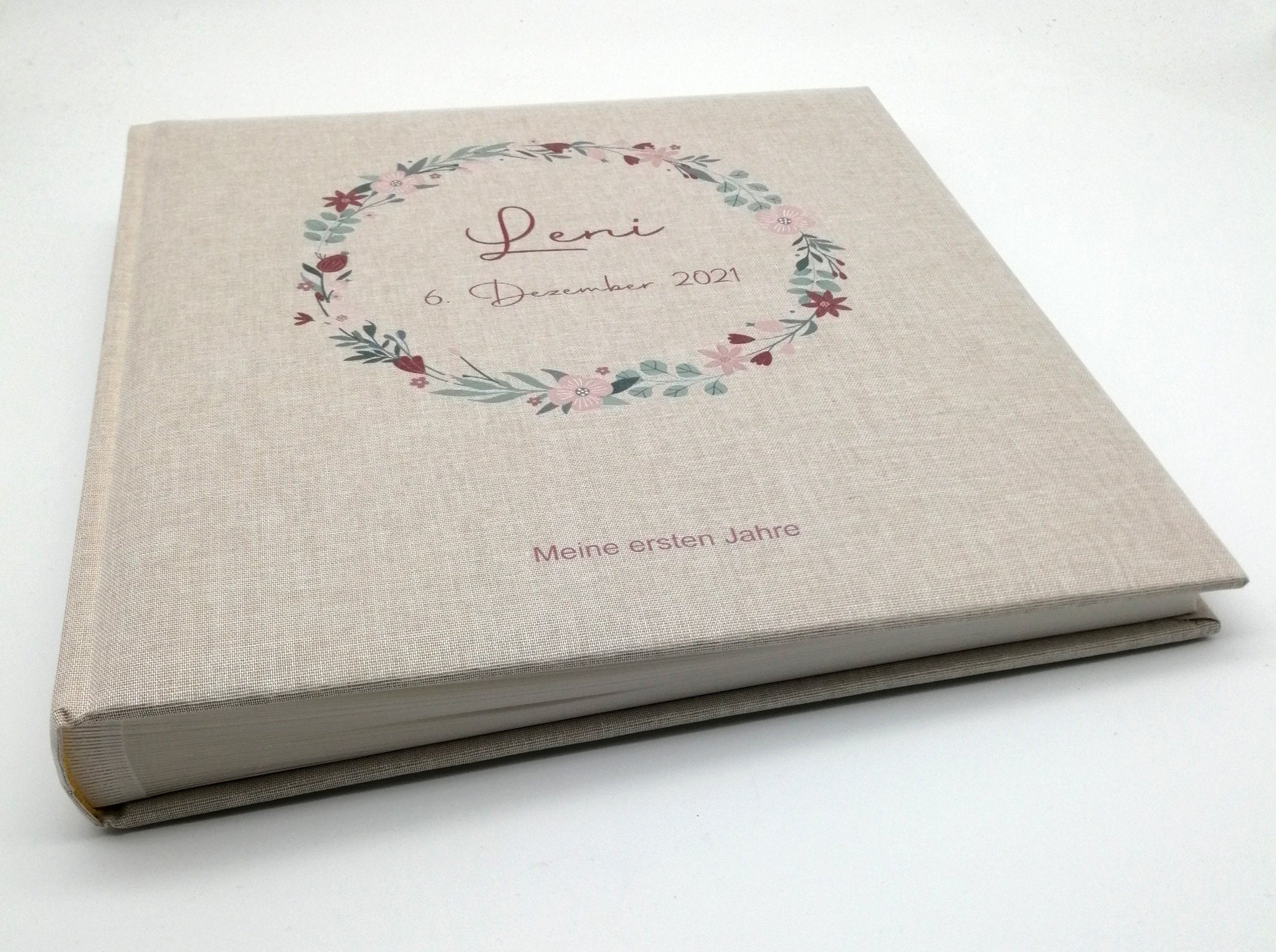 Fotoalbum personalisiert Baby, Kind "Blumenkranz 3" Leinen, Erinnerungsalbum