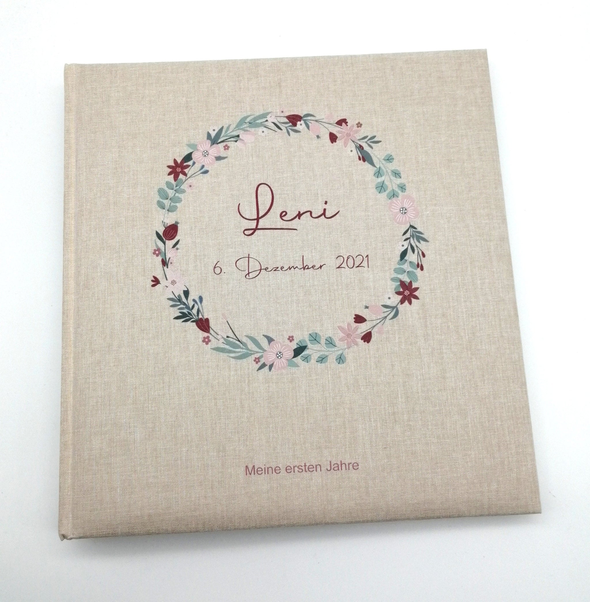 Fotoalbum personalisiert Baby, Kind "Blumenkranz 3" Leinen, Erinnerungsalbum