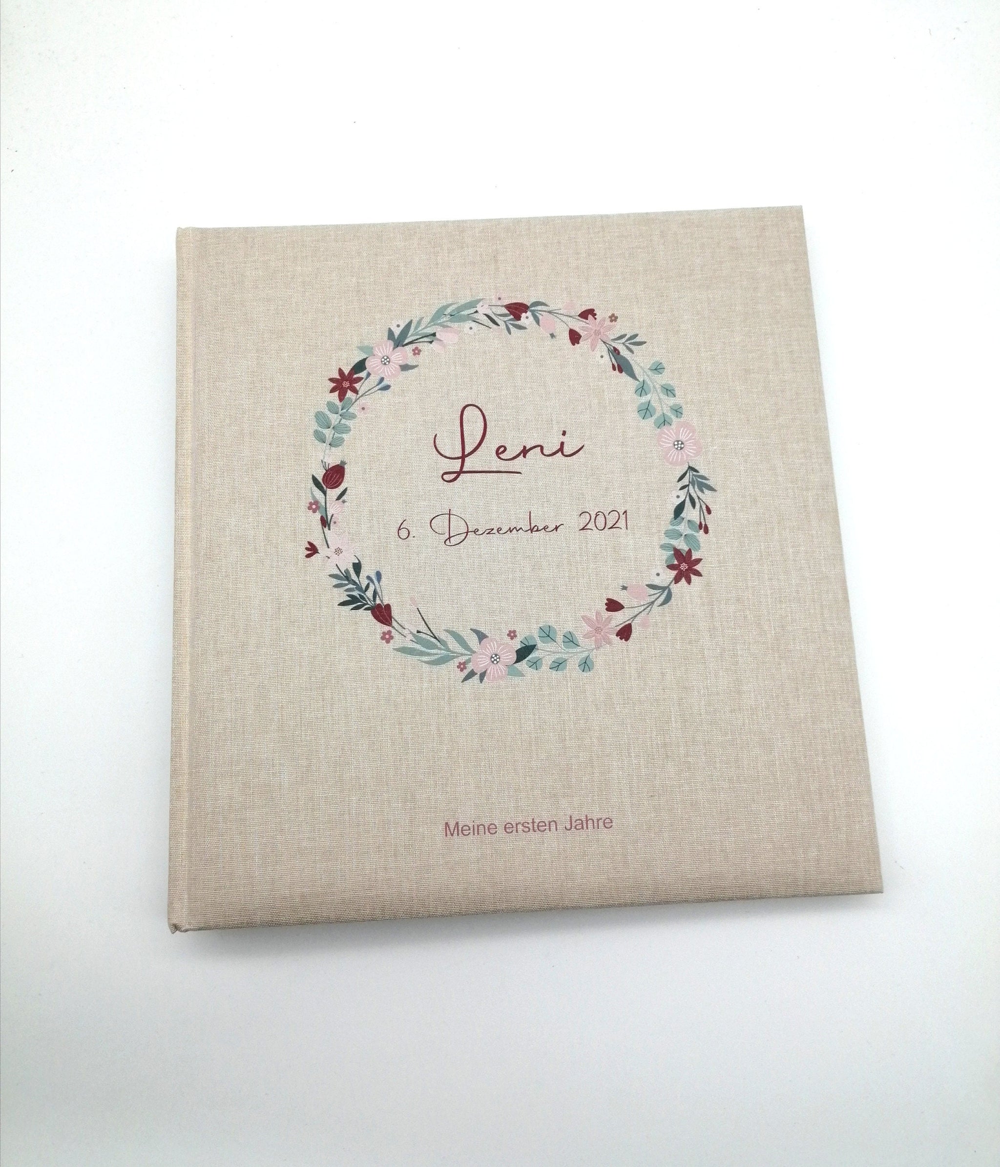 Fotoalbum personalisiert Baby, Kind "Blumenkranz 3" Leinen, Erinnerungsalbum