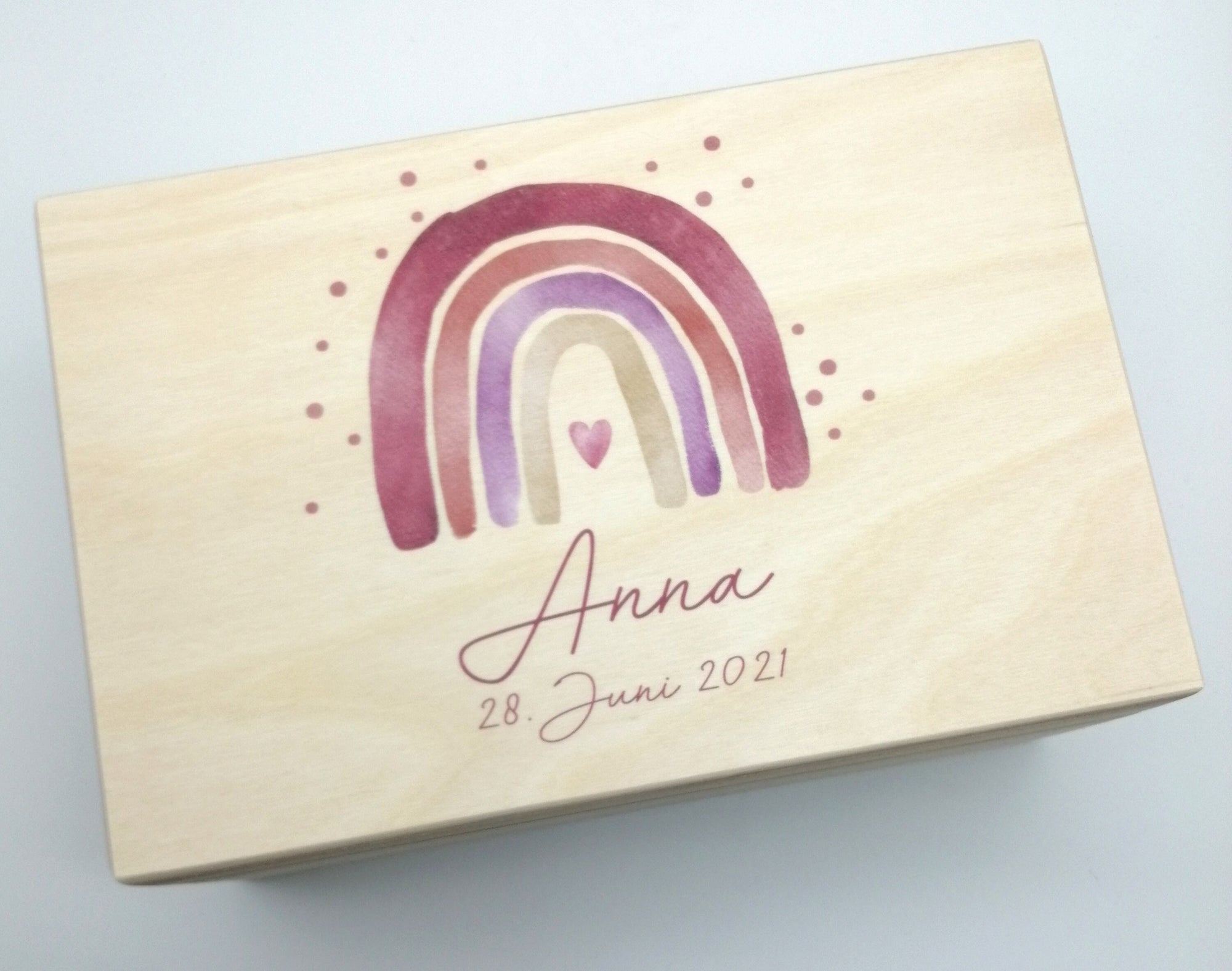 Erinnerungskiste Baby mit Namen "Regenbogen rot Dots" Geburtsdatum Erinnerungsbox für Kinder