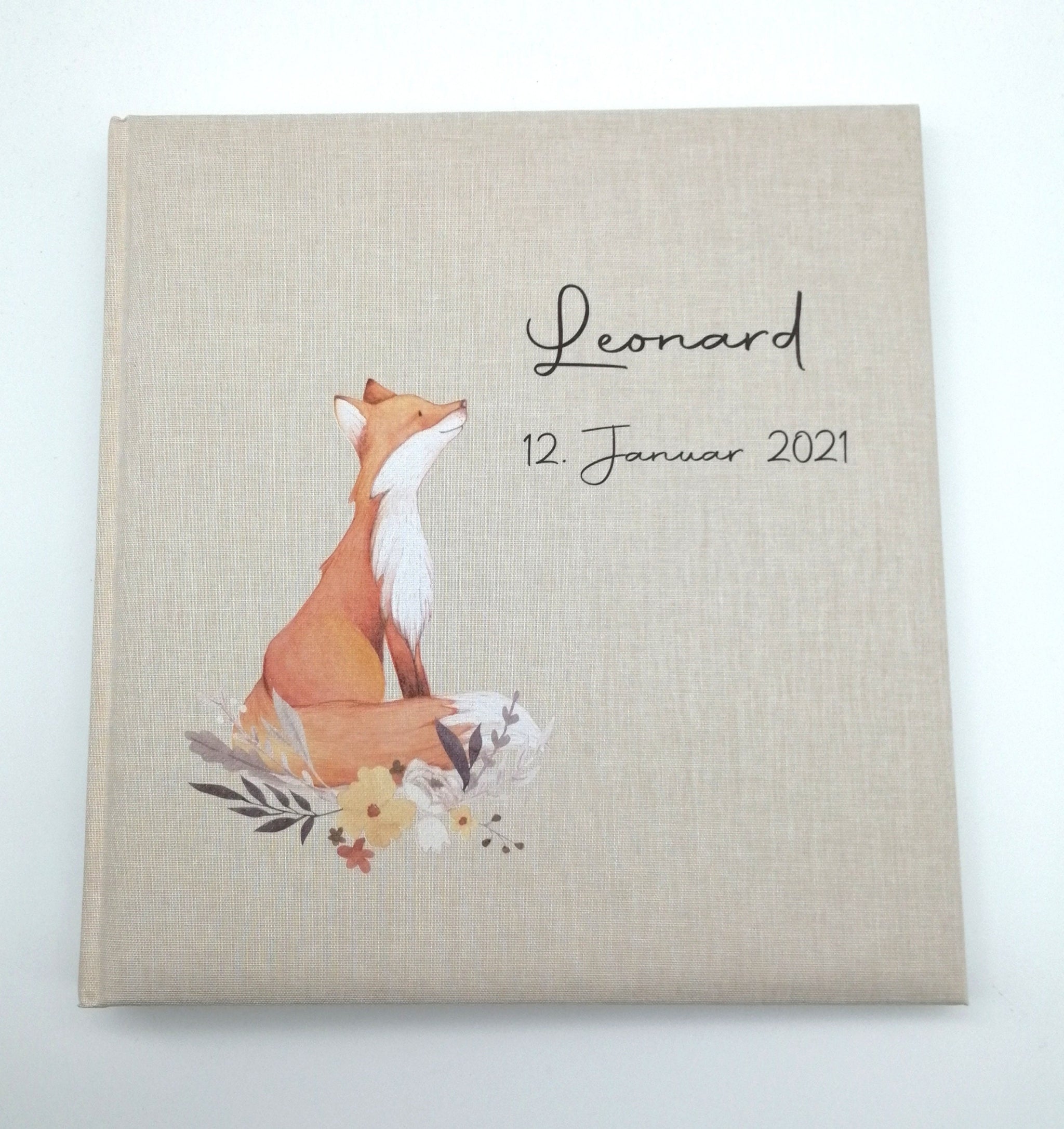 Fotoalbum personalisiert Baby, Kind "Fuchs" Leinen, Erinnerungsalbum
