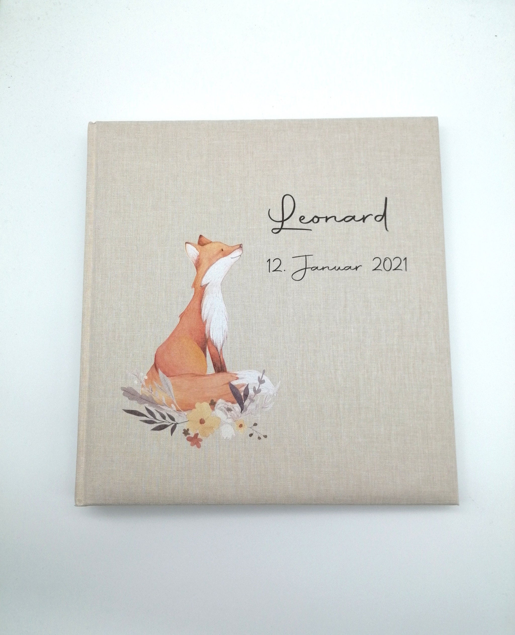 Fotoalbum personalisiert Baby, Kind "Fuchs" Leinen, Erinnerungsalbum