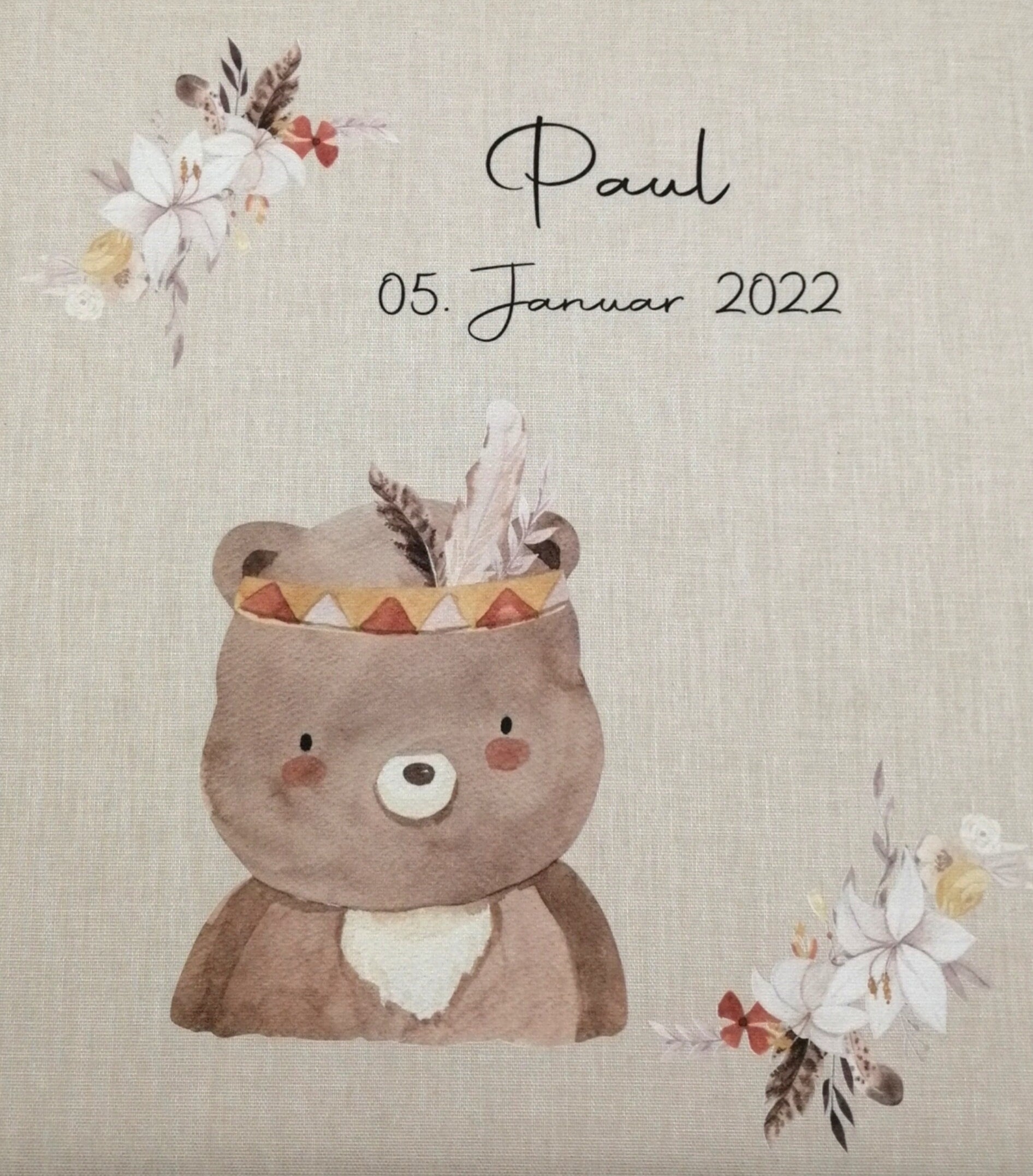 Fotoalbum personalisiert Baby, Kind "Boho Bär" Leinen, Erinnerungsalbum