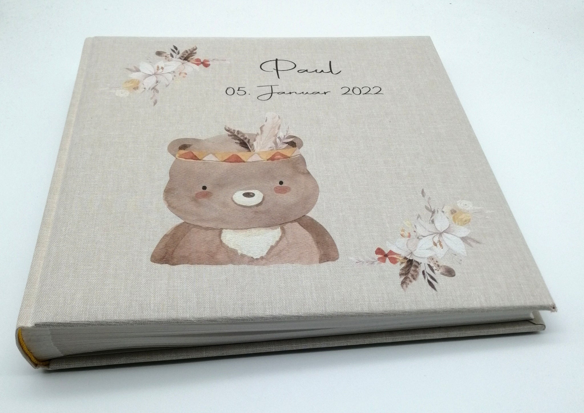 Fotoalbum personalisiert Baby, Kind "Boho Bär" Leinen, Erinnerungsalbum