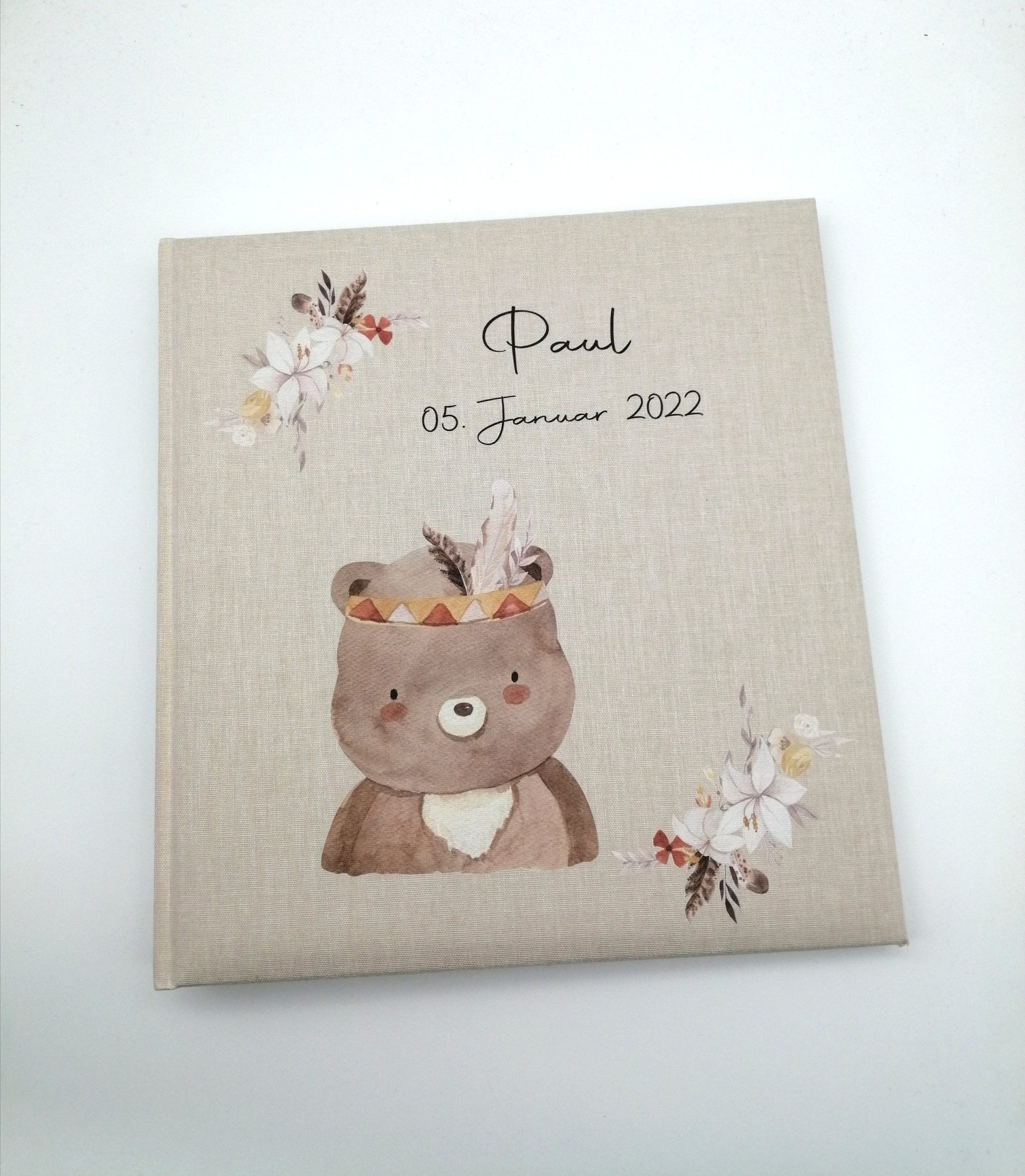 Fotoalbum personalisiert Baby, Kind "Boho Bär" Leinen, Erinnerungsalbum