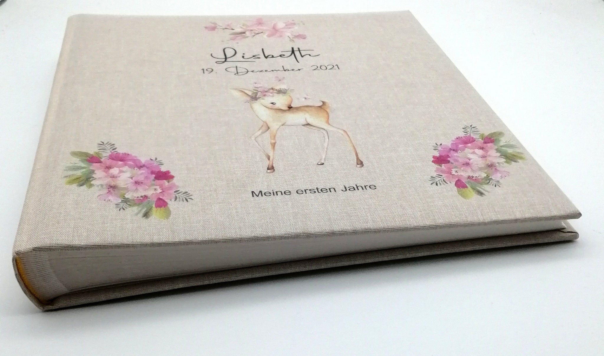 Fotoalbum personalisiert Baby, Kind "Boho Reh" Leinen, Erinnerungsalbum