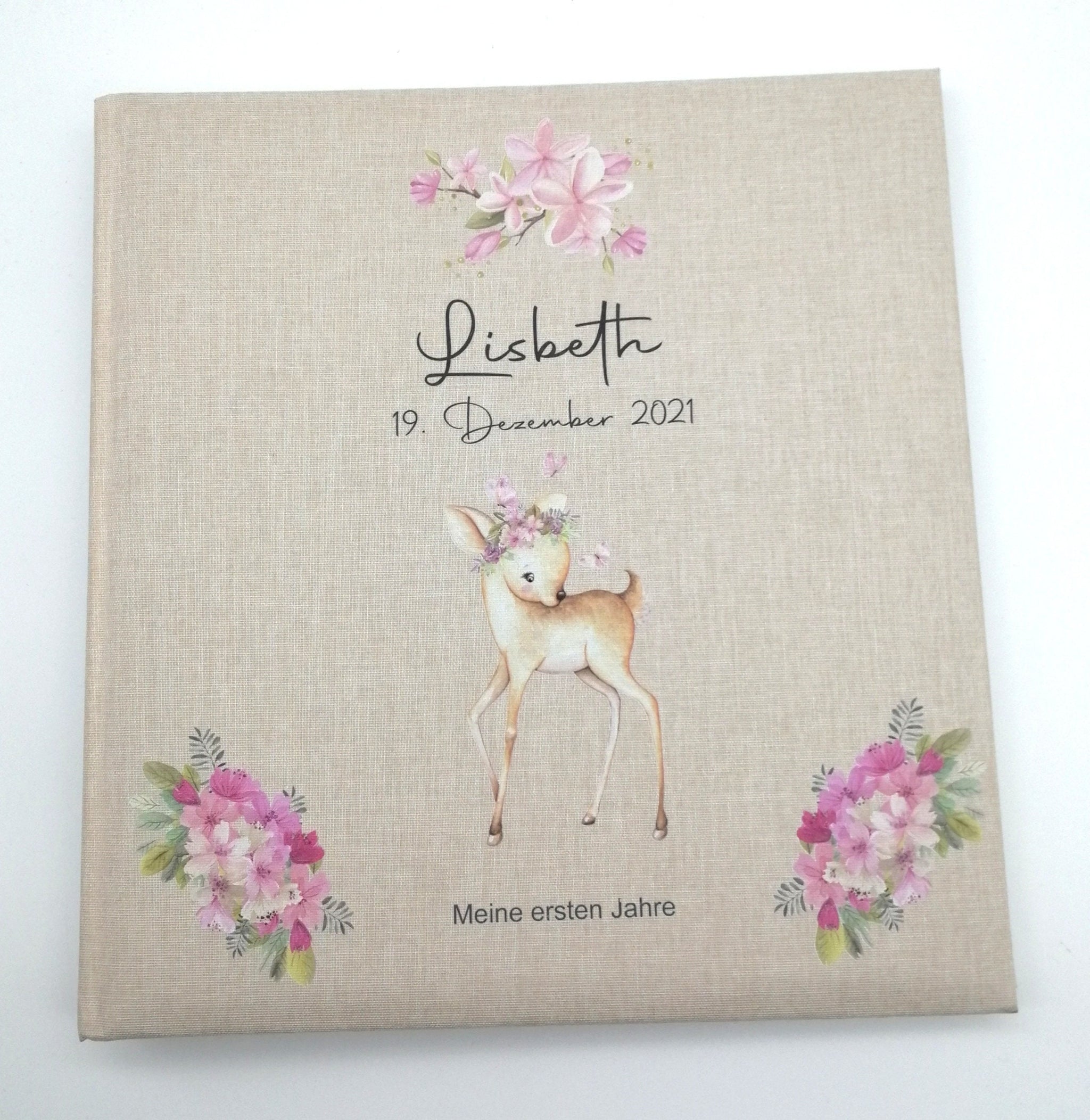 Fotoalbum personalisiert Baby, Kind "Boho Reh" Leinen, Erinnerungsalbum