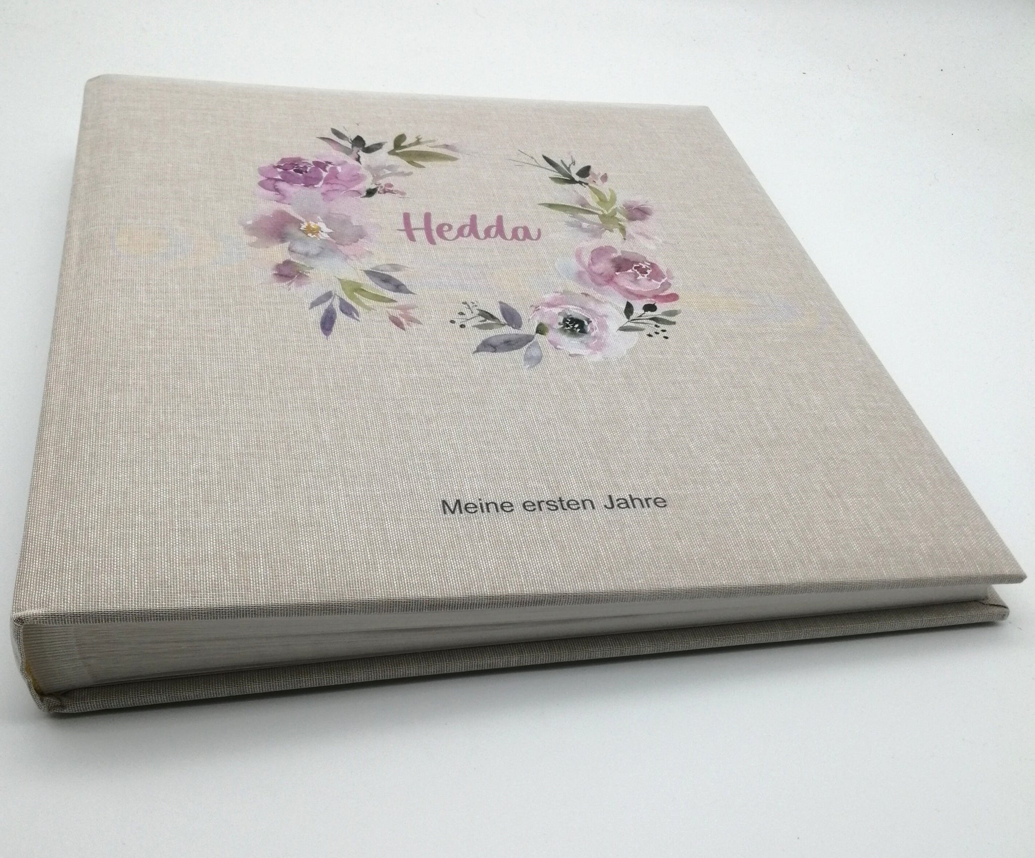 Fotoalbum personalisiert Baby, Kind "Blumenkranz 3" Leinen, Erinnerungsalbum