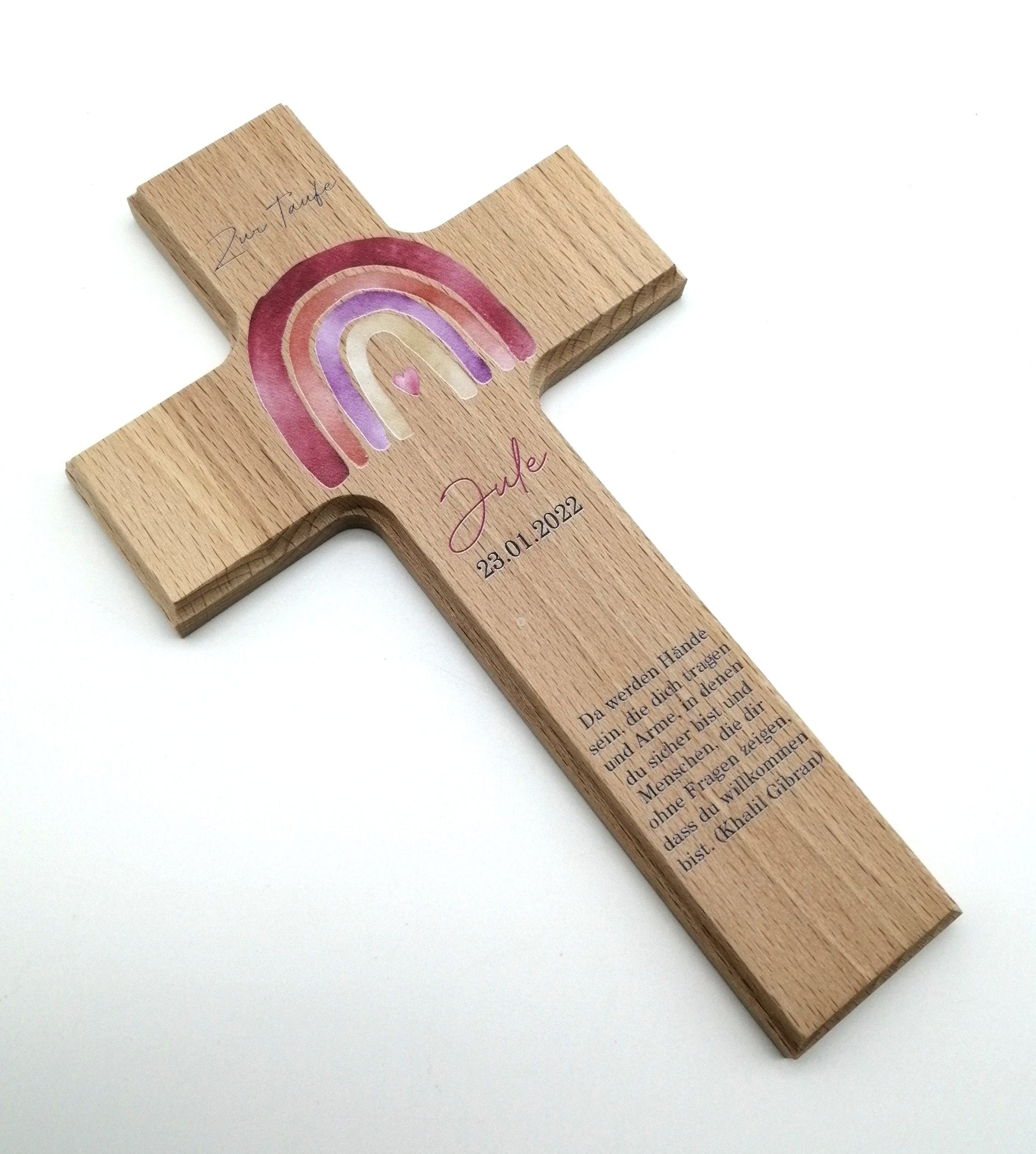 Taufkreuz / Kinderkreuz personalisiert "Regenbogen watercolor rot" Wandkreuz aus Holz