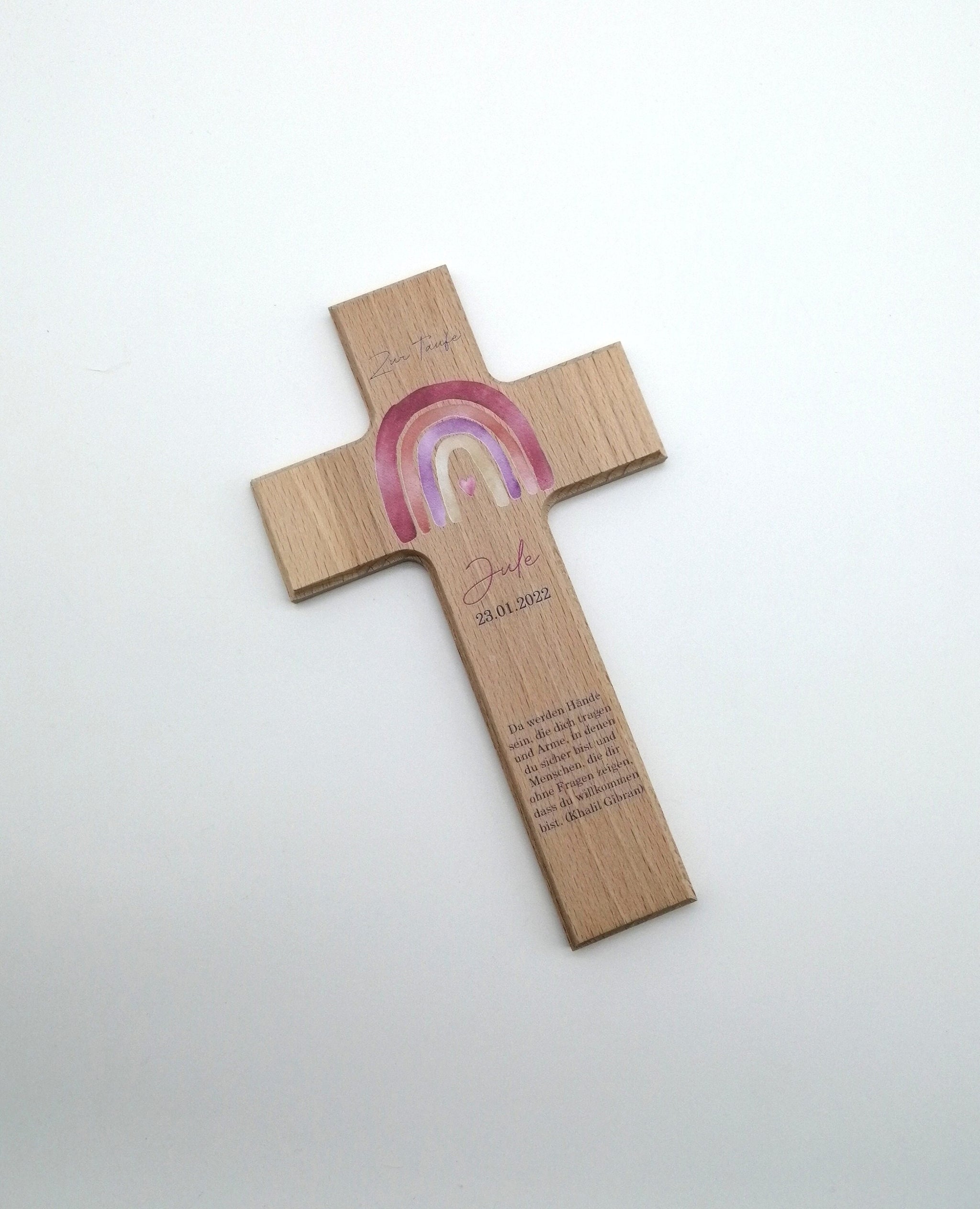 Taufkreuz / Kinderkreuz personalisiert "Regenbogen watercolor rot" Wandkreuz aus Holz