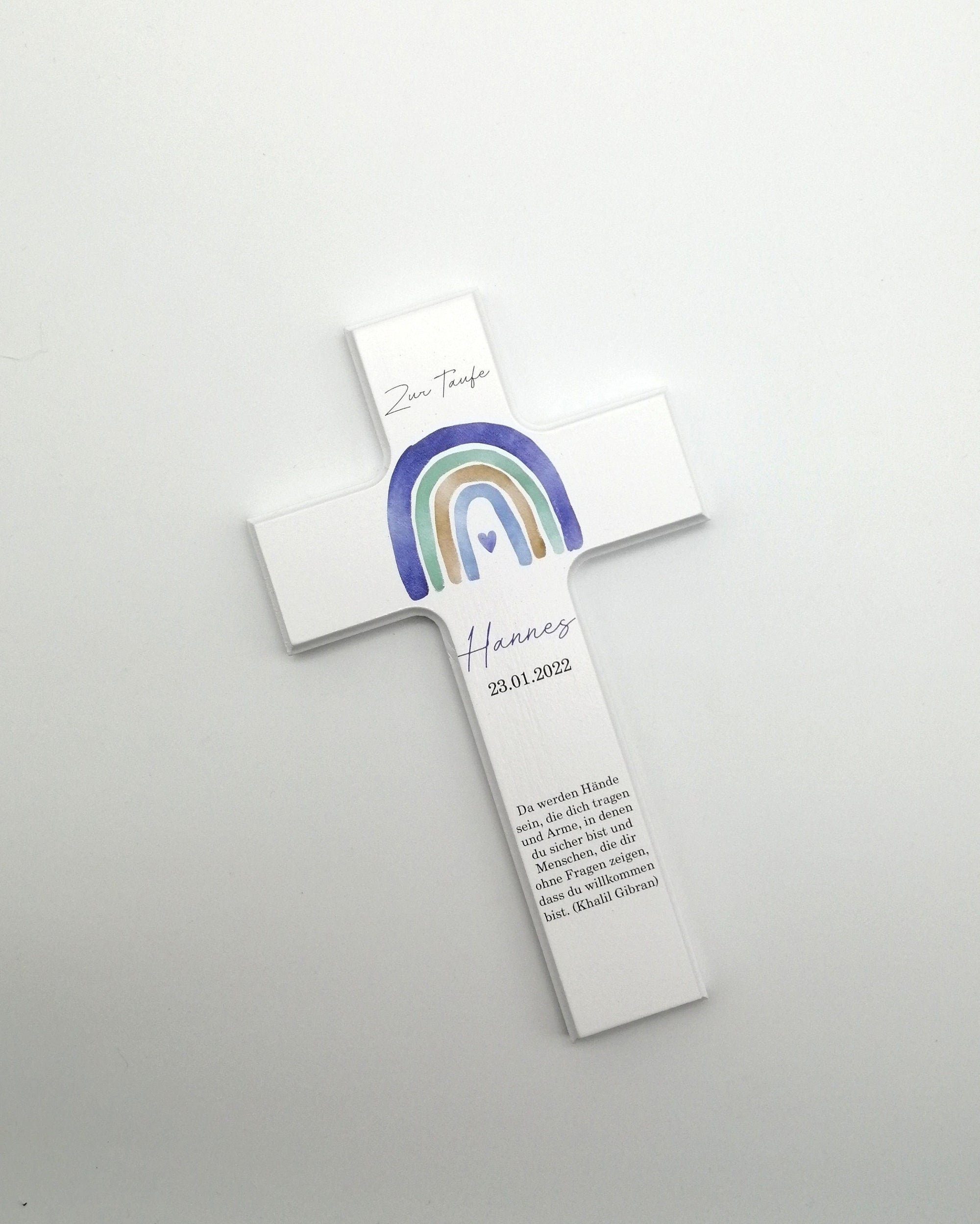 Taufkreuz / Kinderkreuz personalisiert "Regenbogen watercolor blau" Wandkreuz aus Holz