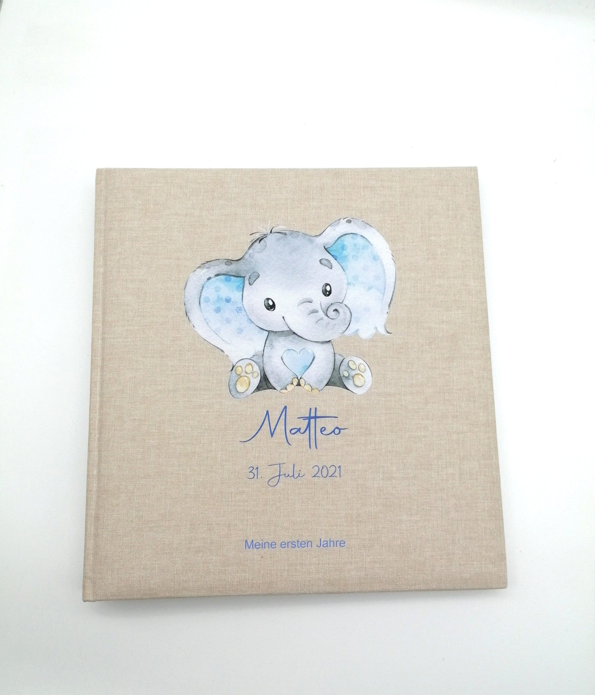 Fotoalbum personalisiert Baby, Kind "Elefant blau" Leinen, Erinnerungsalbum