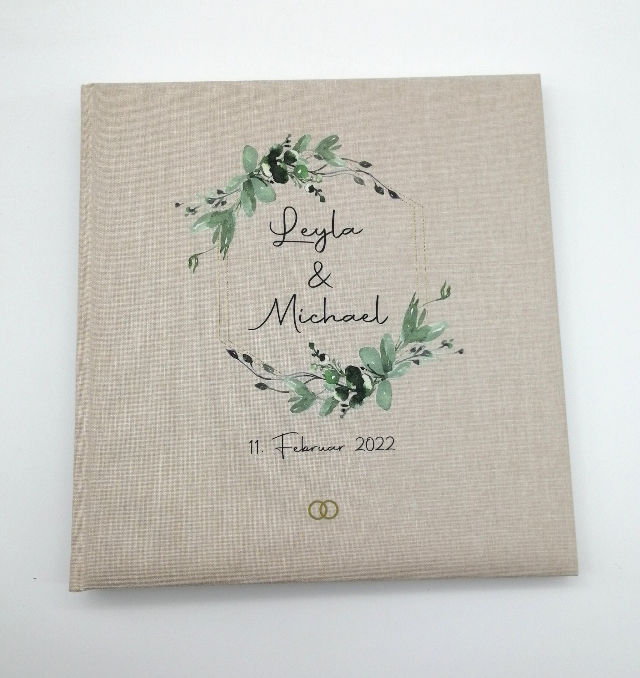 Fotoalbum personalisiert Hochzeit "Rahmen Blätter" Leinen, Erinnerungsalbum