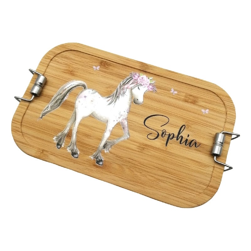 Brotdose personalisiert aus Edelstahl mit Bambus Deckel "Pferd", Trennsteg, Lunchbox